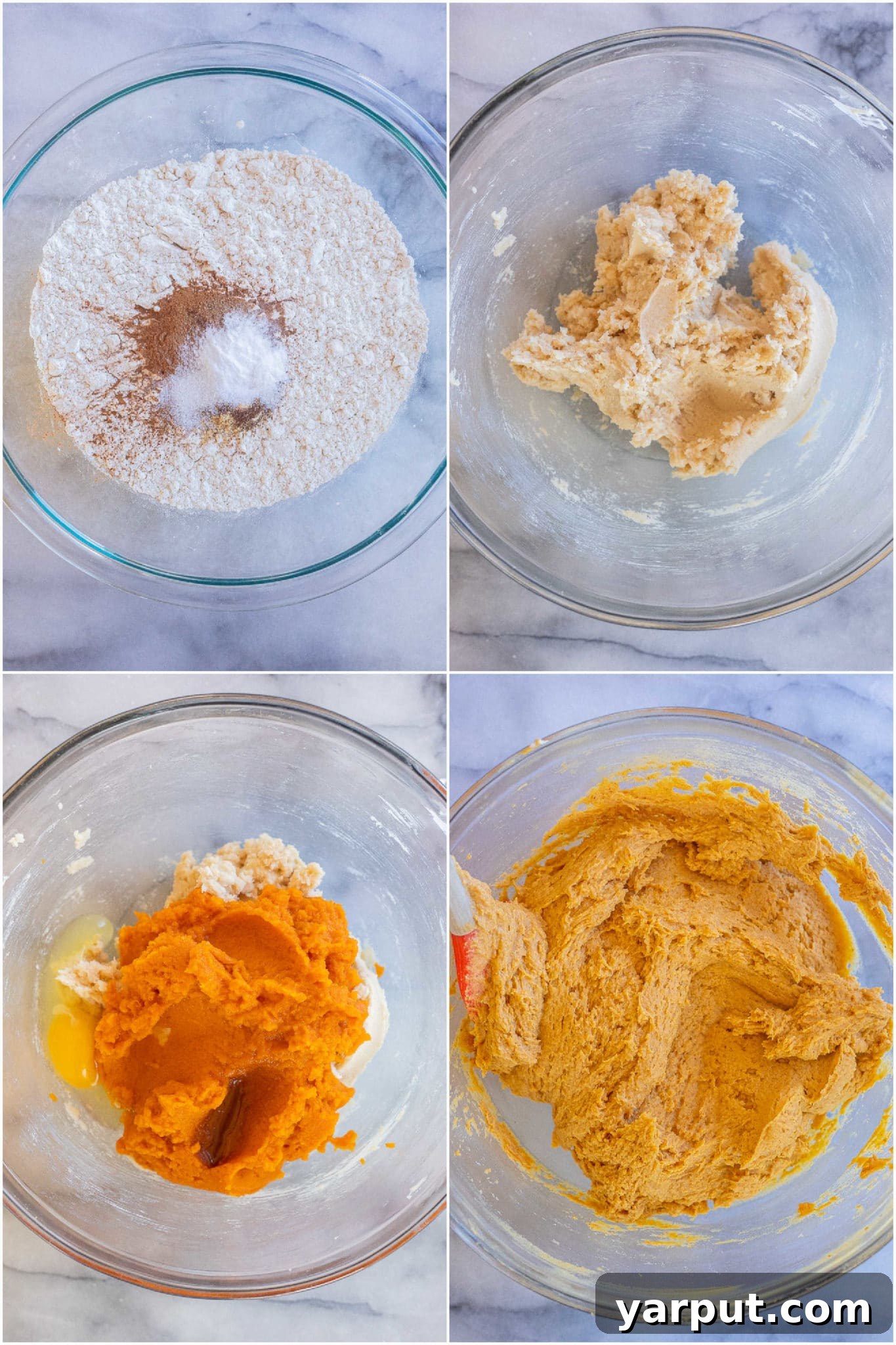 Pillowy Pumpkin Cookies with Zesty Orange Glaze 3 showing the steps to make the pumpkin cookie batter, highlighting consistency