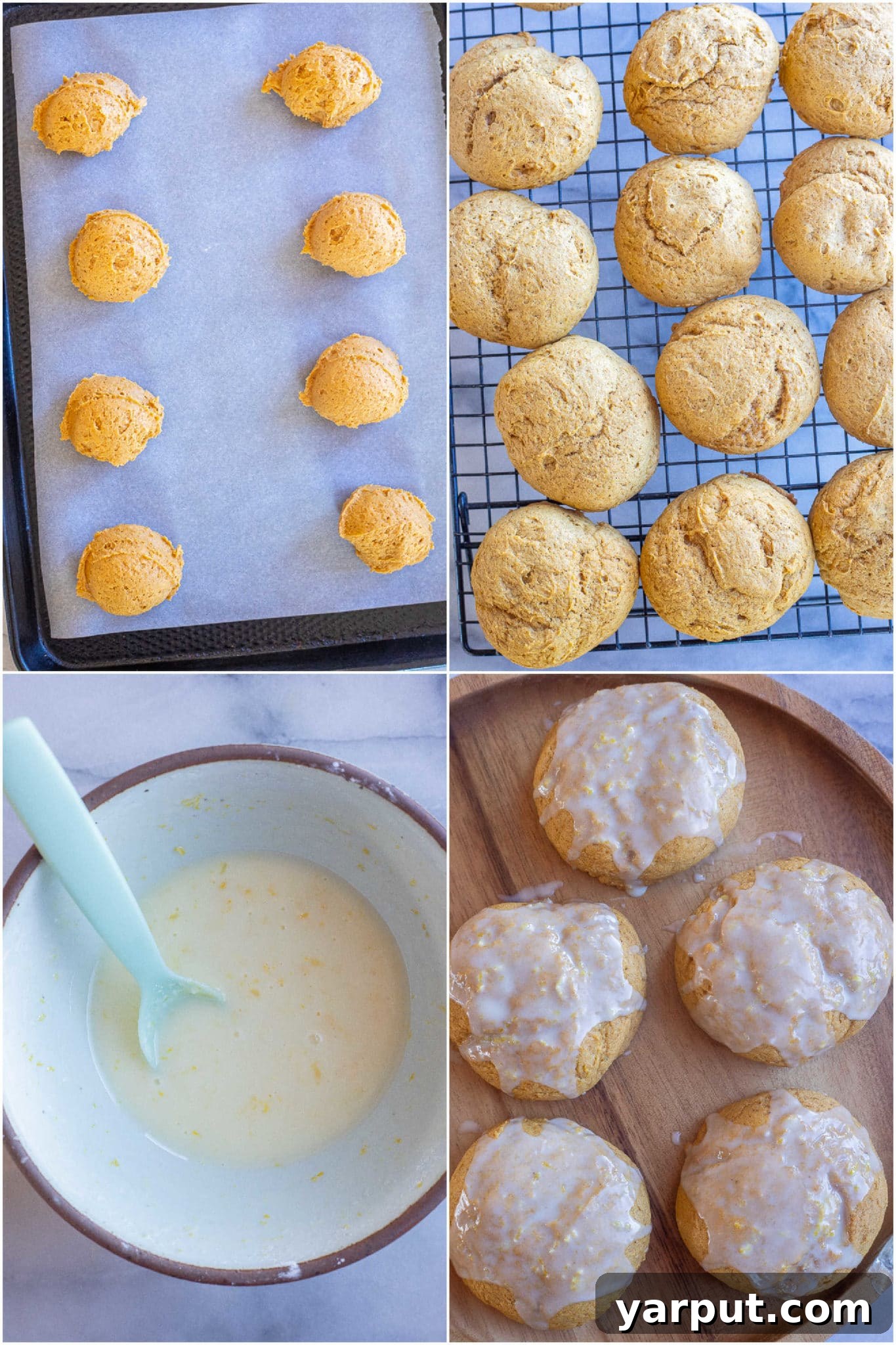 Pillowy Pumpkin Cookies with Zesty Orange Glaze 4 soft pumpkin cookies before and after they've been baked, and the simple orange glaze recipe ingredients