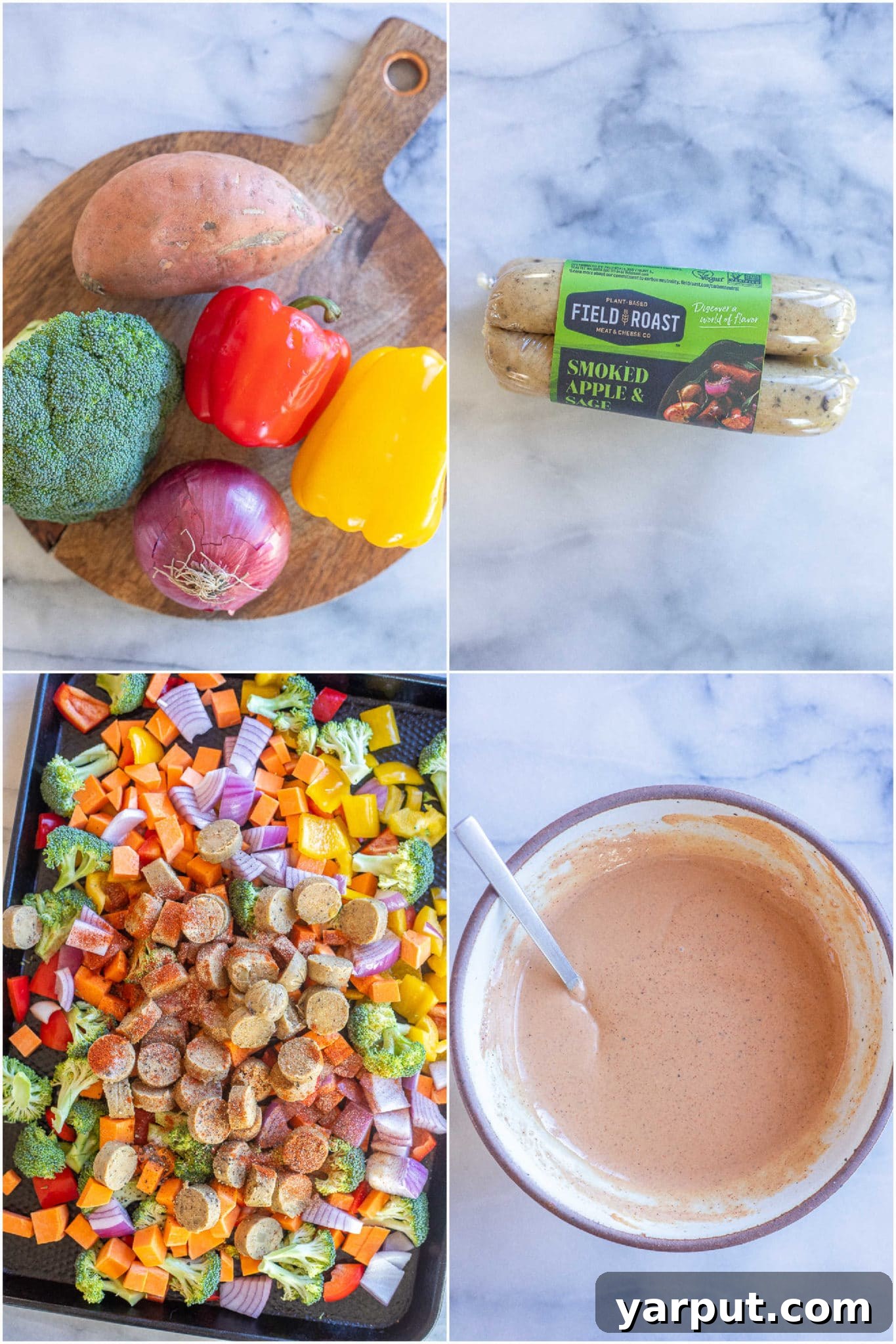 BBQ Tahini Roasted Veggie Sheet Pan Bliss 3 A collection of fresh ingredients laid out, including plant-based sausages, sweet potatoes, bell peppers, broccoli, red onion, and various spices, ready for a roasted vegetable and sausage bake with creamy BBQ tahini sauce.