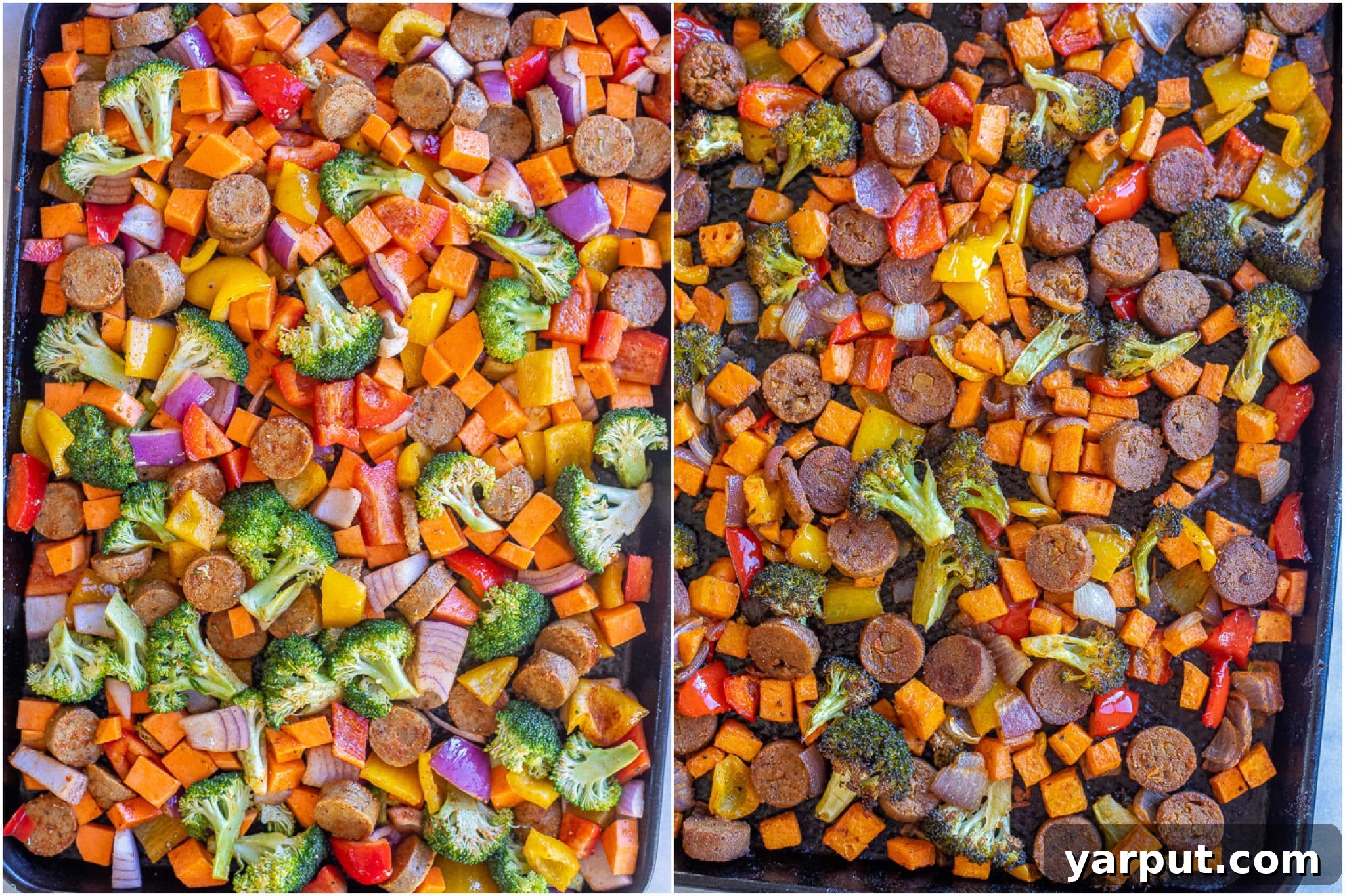 BBQ Tahini Roasted Veggie Sheet Pan Bliss 4 A visual comparison of a sheet pan filled with raw, chopped vegetables and plant-based sausage before roasting, and the same pan after roasting, showing browned sausage and tender, caramelized vegetables.