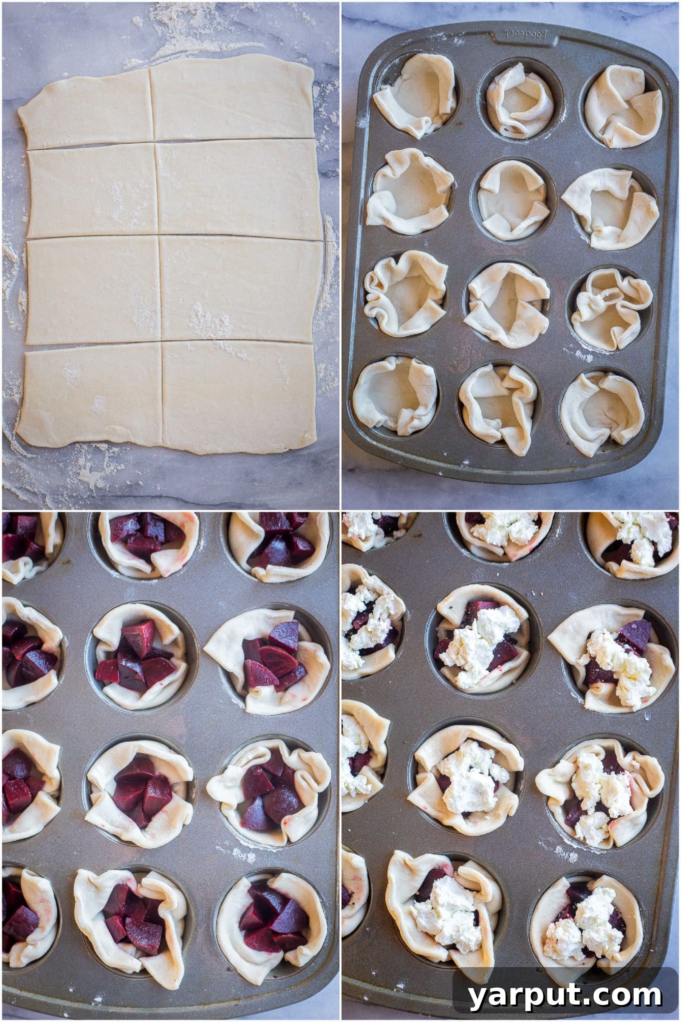 Balsamic Beet and Goat Cheese Puffs 4 Step-by-step visual guide for making easy beet and goat cheese puff pastry bites, showcasing ingredients being added to the puff pastry in a muffin tin.