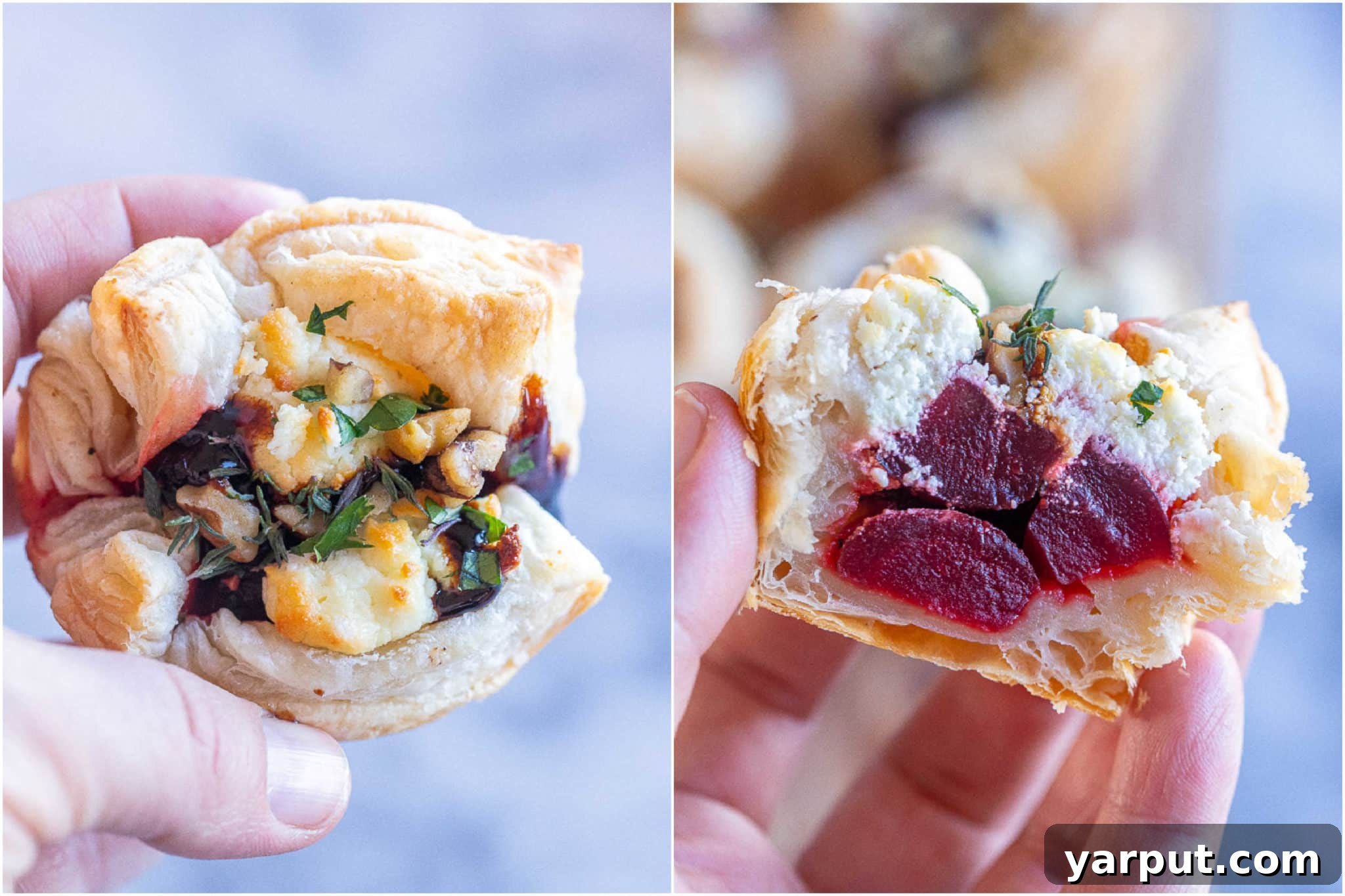 Balsamic Beet and Goat Cheese Puffs 7 A hand holding a perfectly baked Goat Cheese Beet and Balsamic Puff Pastry Bite, with another pastry cut in half on a wooden board, showcasing the delicious filling and flaky crust.