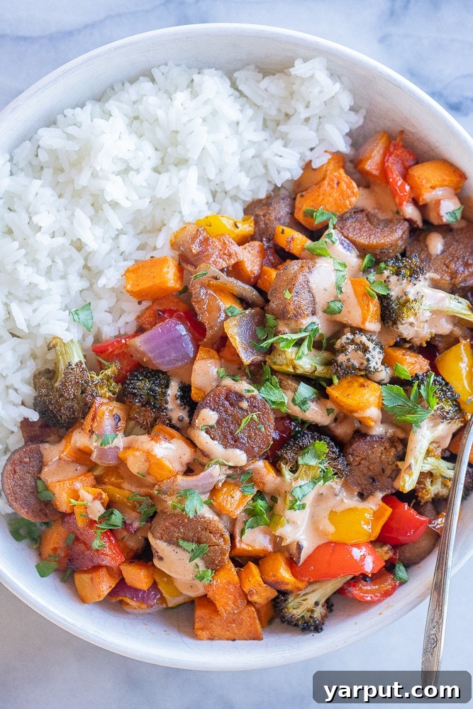 Easy Vegetarian Meals: Week 40 4 Colorful Vegetarian Sheet Pan Dinner with plant-based sausage and roasted vegetables