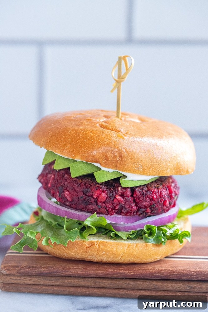 Easy Vegetarian Meals: Week 40 6 Homemade Vegan Beet Burger on a bun with fresh toppings