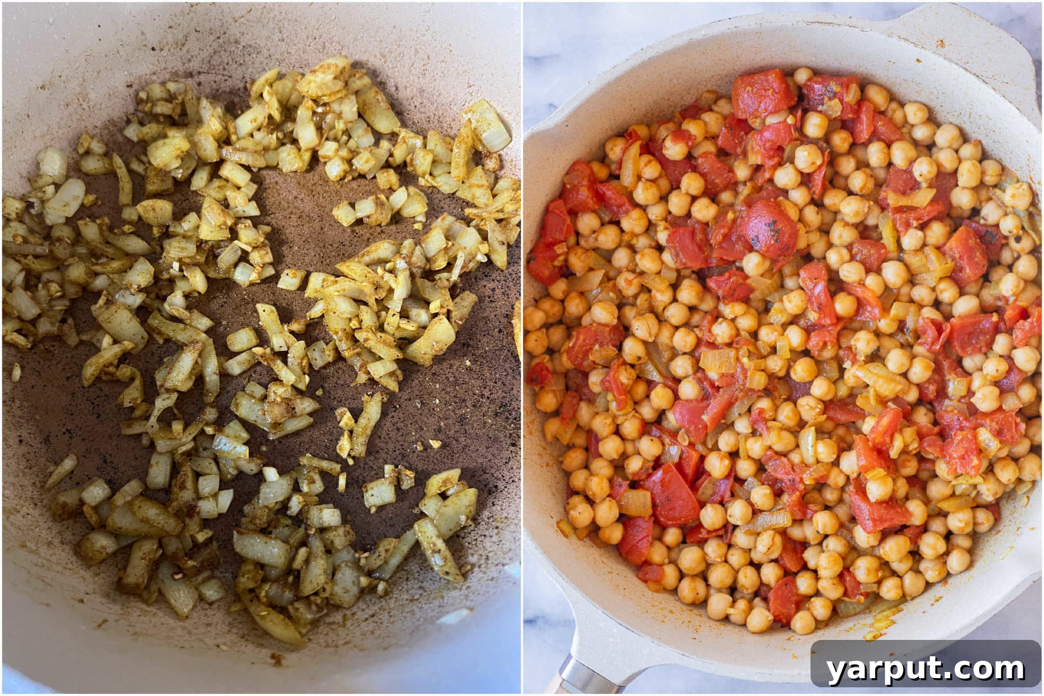 showing how to prepare this chickpea curry with onion and canned tomatoes