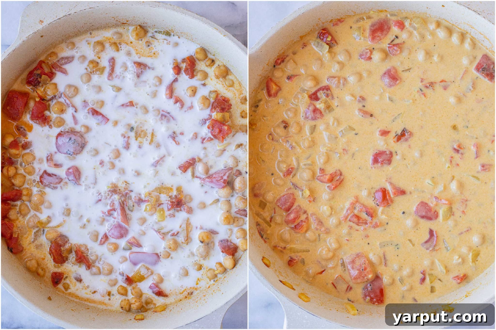 showing the process of how to cook a chickpea curry in a saucepan with coconut milk