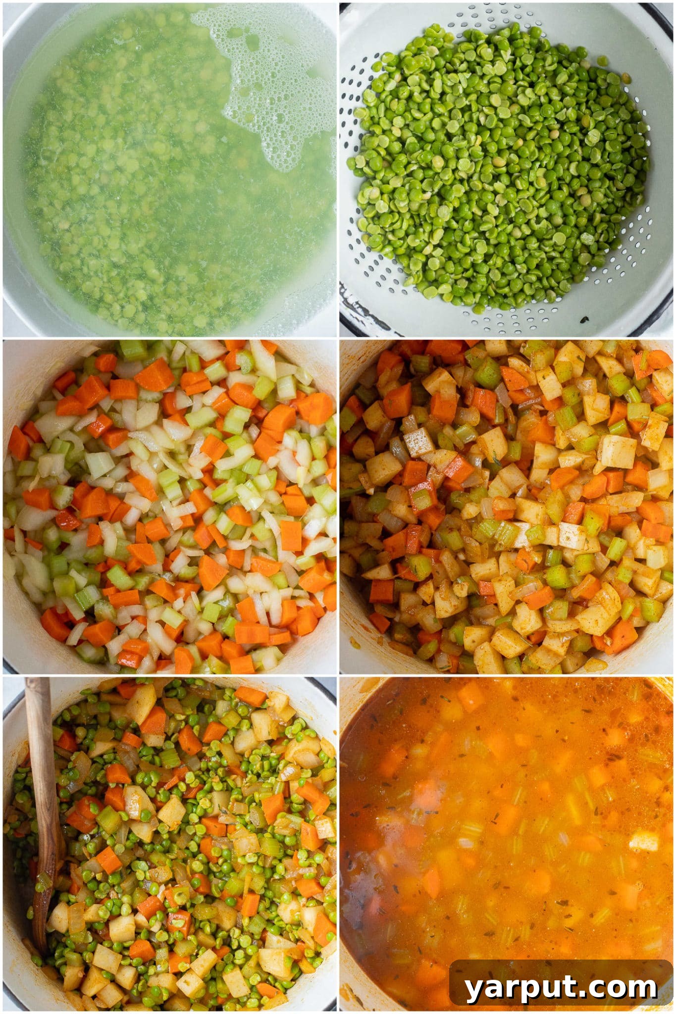 A step-by-step image showing how to make smoky vegetarian split pea soup in a large soup pot with a wooden spoon, illustrating the cooking process.