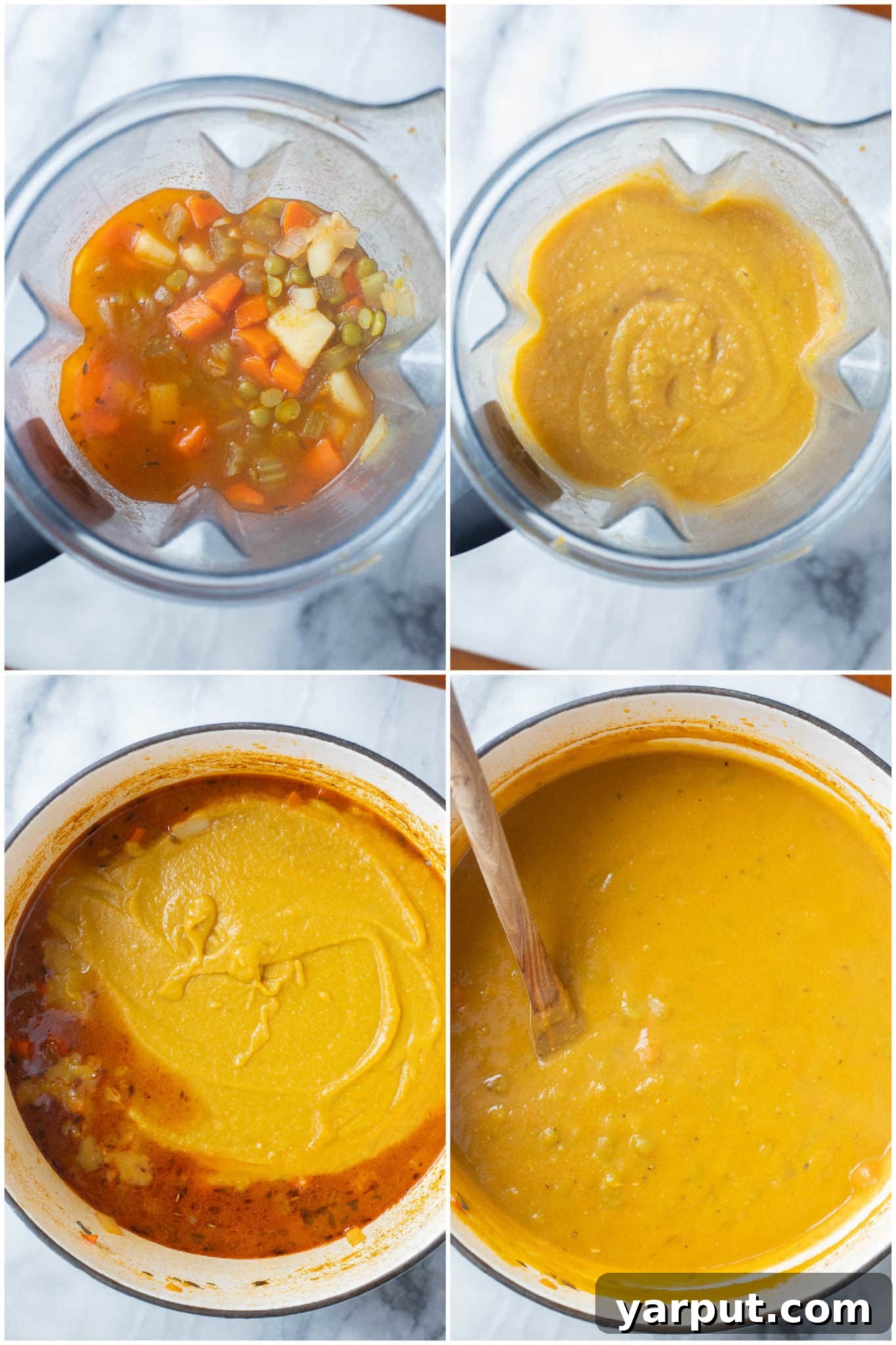 Split pea soup being blended in a blender until smooth, then poured back into the soup pot to combine, illustrating the blending step.