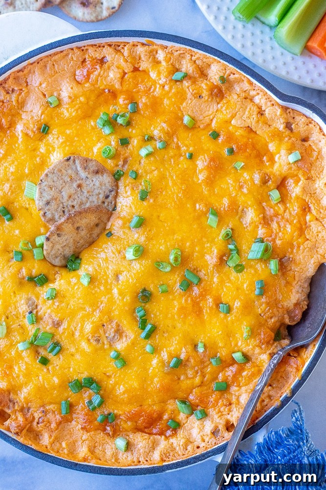Ultimate Plant-Based Buffalo Chickpea Dip 2 A skillet filled with vibrant vegetarian buffalo chickpea dip, garnished with fresh green onions and served alongside crispy crackers.