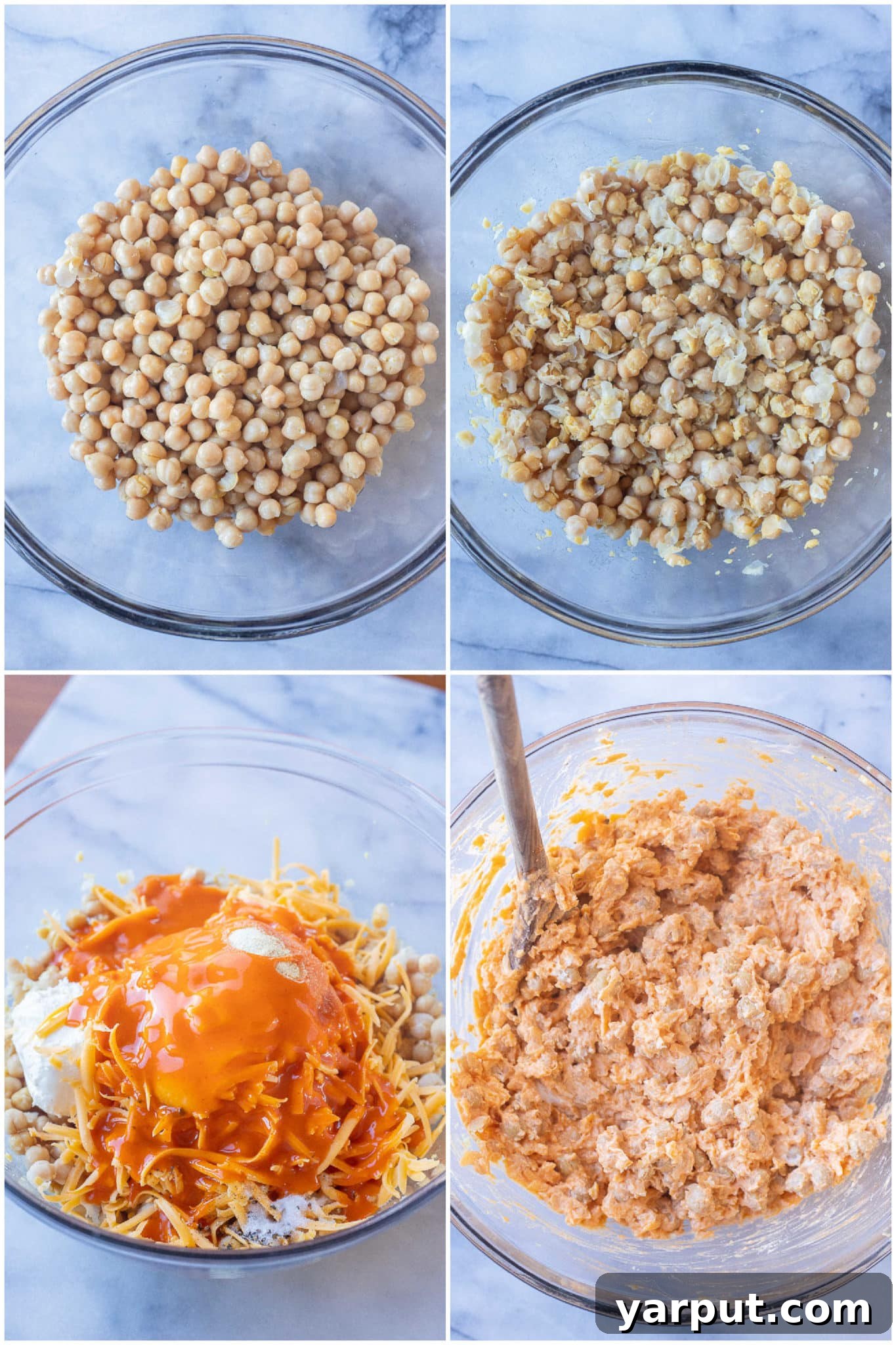Ultimate Plant-Based Buffalo Chickpea Dip 3 A visual guide showing the steps to create buffalo chickpea dip, featuring mashed chickpeas, buffalo sauce, and a mix of cheeses ready for baking.