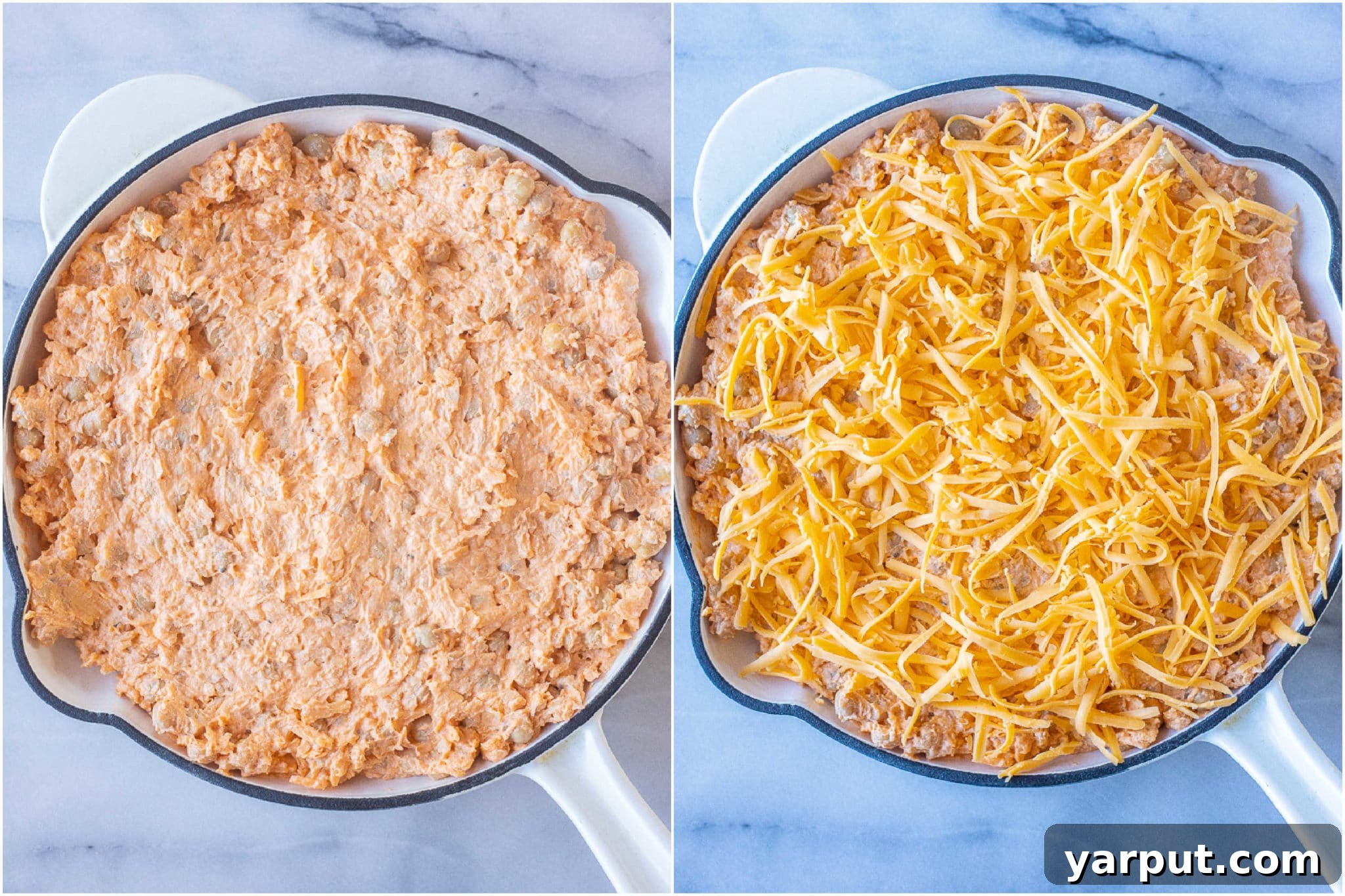 Ultimate Plant-Based Buffalo Chickpea Dip 4 A baking skillet filled with buffalo chickpea dip, generously topped with melted cheddar cheese and ready to serve.