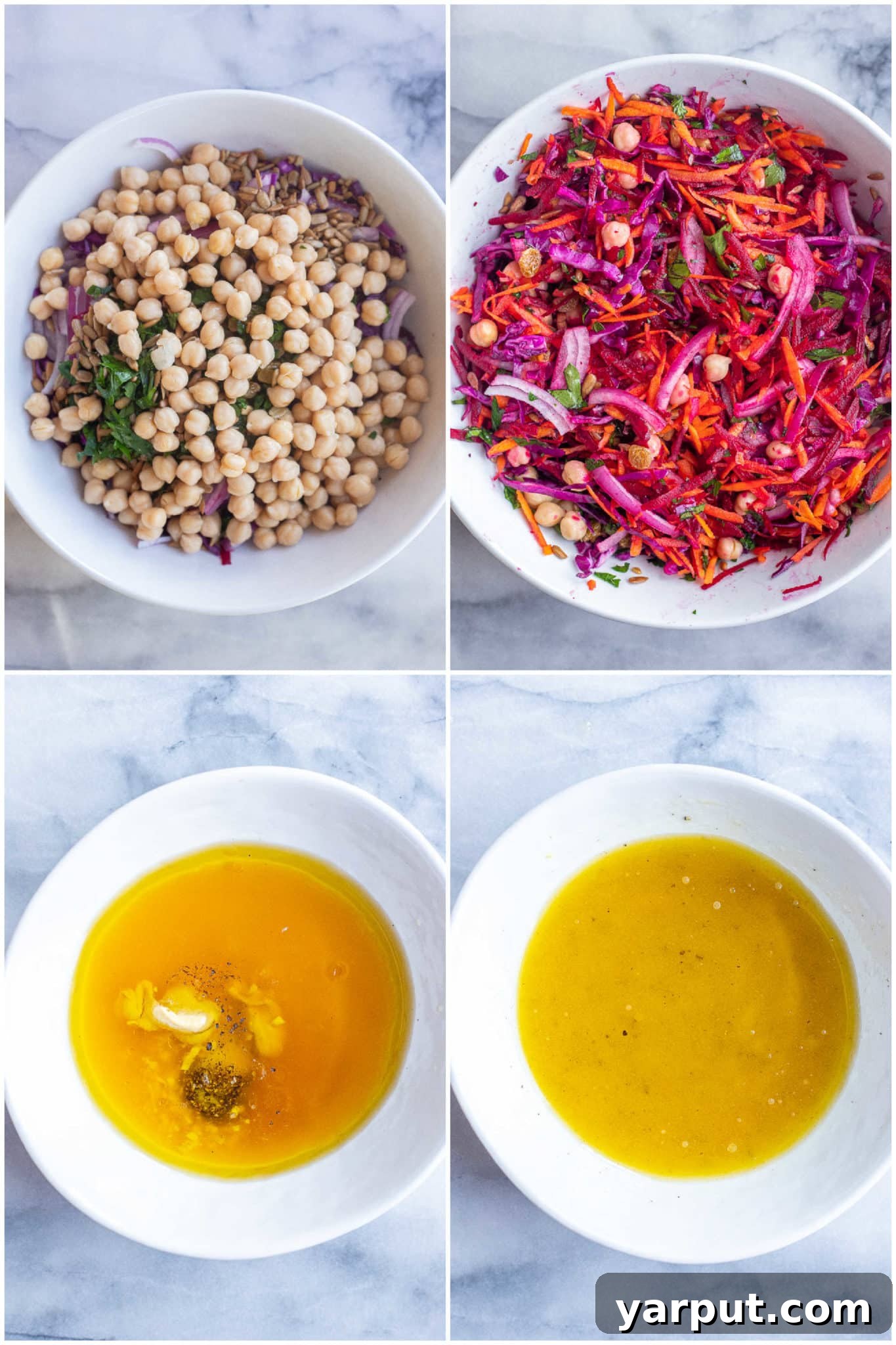 Vibrant Root and Chickpea Power Salad 3 showing how to make this beet and carrot salad with chickpeas and an easy homemade apple cider dressing