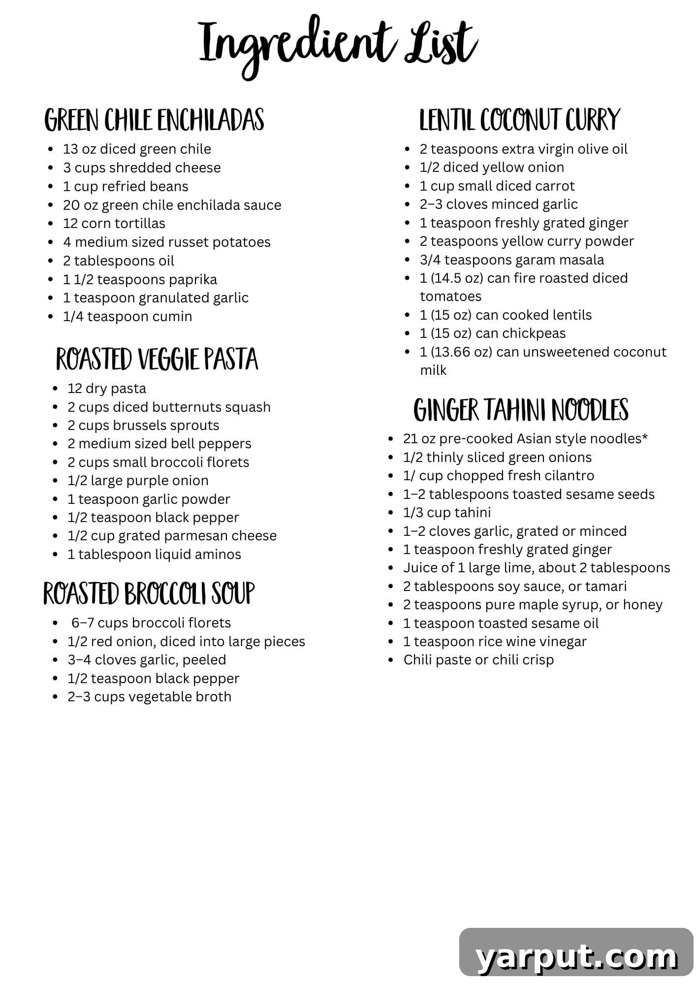 Printable shopping list for the vegetarian meal plan, helping users organize groceries.