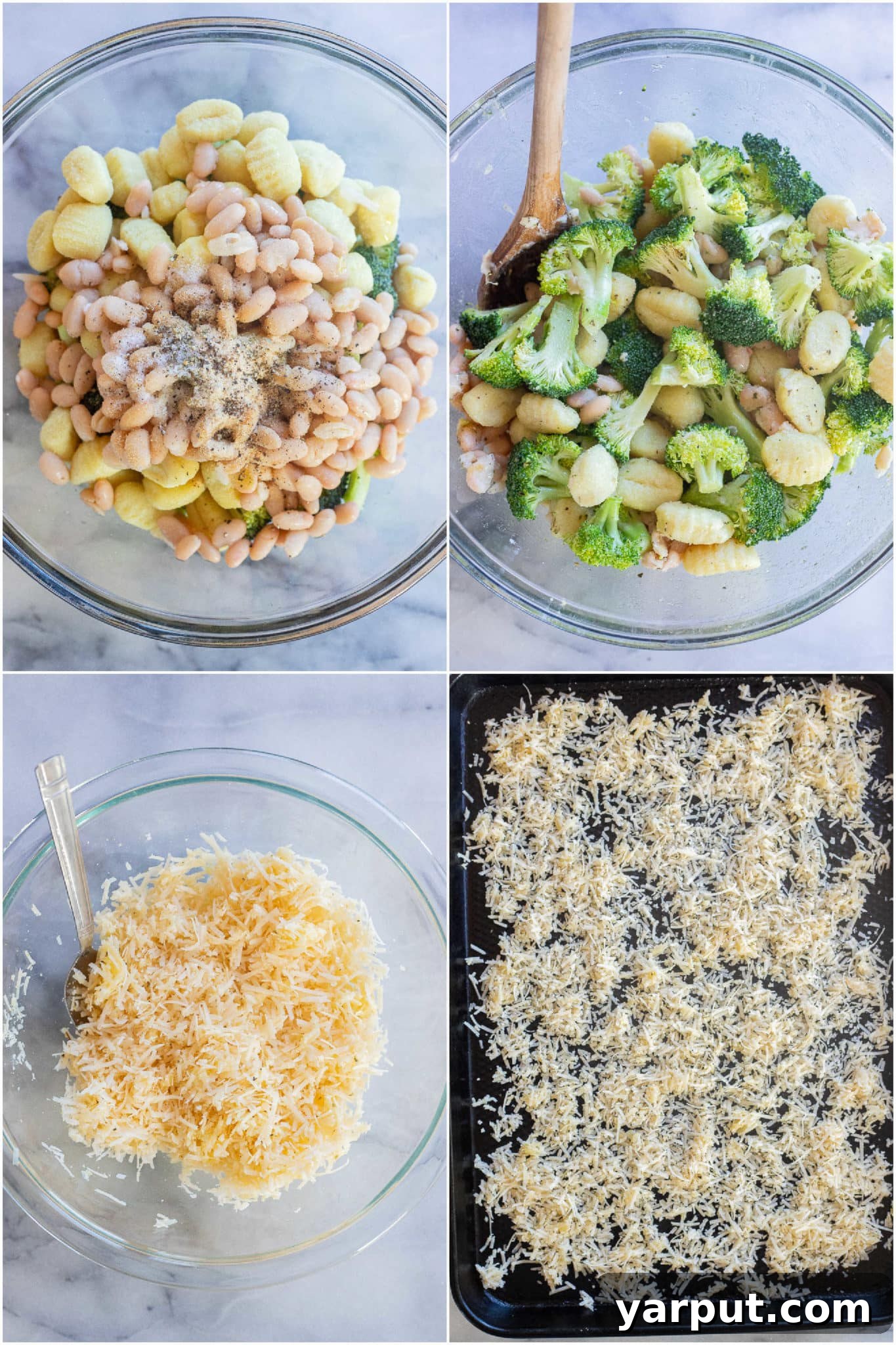 Visual guide showing the step-by-step process of preparing parmesan crusted gnocchi with broccoli and white beans on a baking sheet before it's cooked.