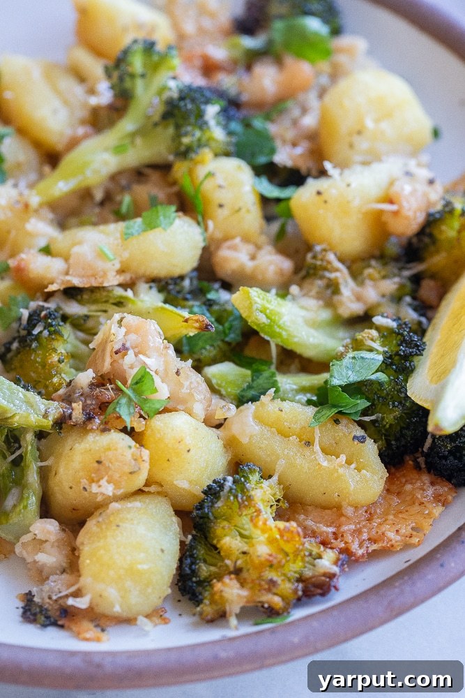 An appetizing close-up of the finished sheet pan gnocchi and broccoli with white beans and melted parmesan cheese, highlighting the delicious textures.