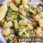 Parmesan Crusted Gnocchi with Broccoli and White Beans ready to be served.
