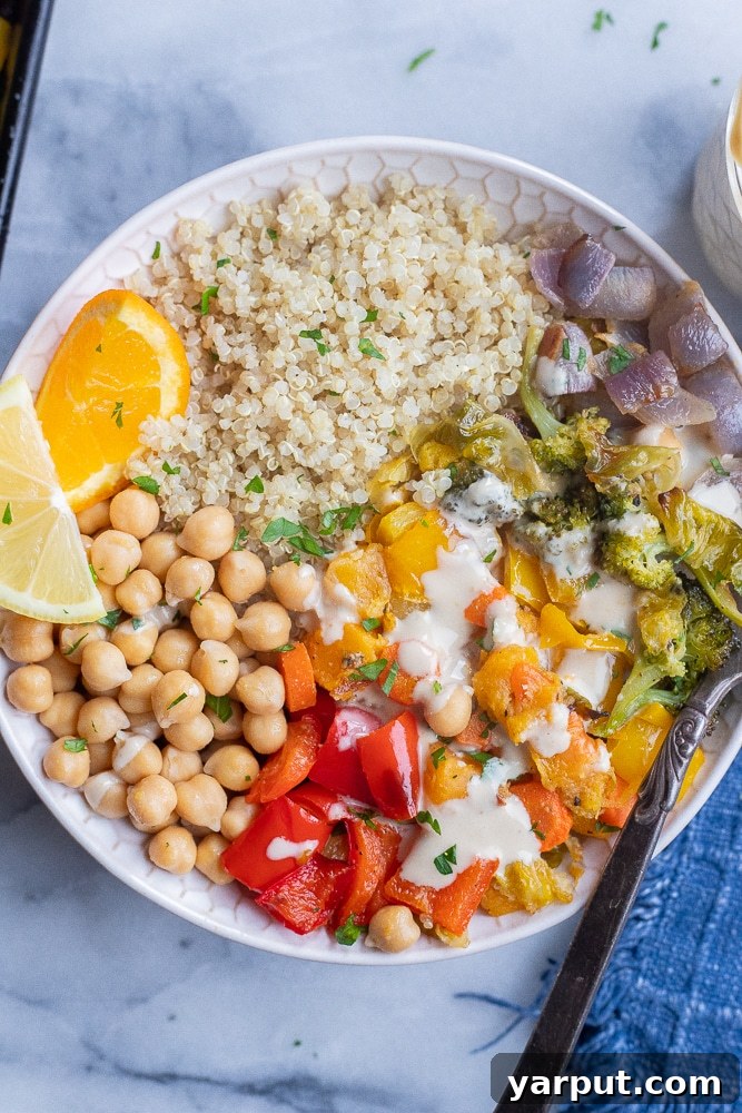 Effortless Vegetarian Eating: Week 2 4 Colorful roasted vegetable bowls topped with a creamy citrus tahini sauce, alongside quinoa and chickpeas.