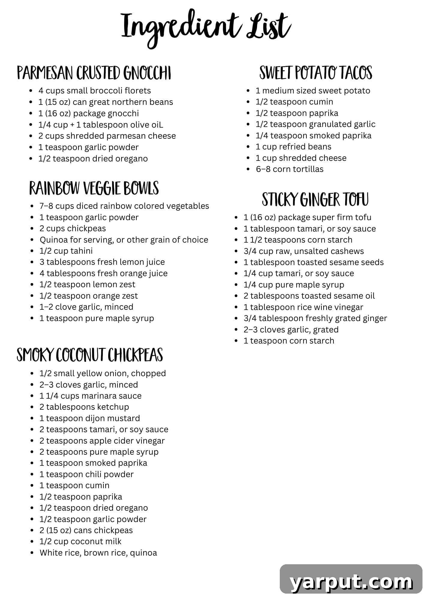 Effortless Vegetarian Eating: Week 2 8 Printable grocery shopping list for the weekly vegetarian meal plan, itemizing ingredients for each day's recipe.