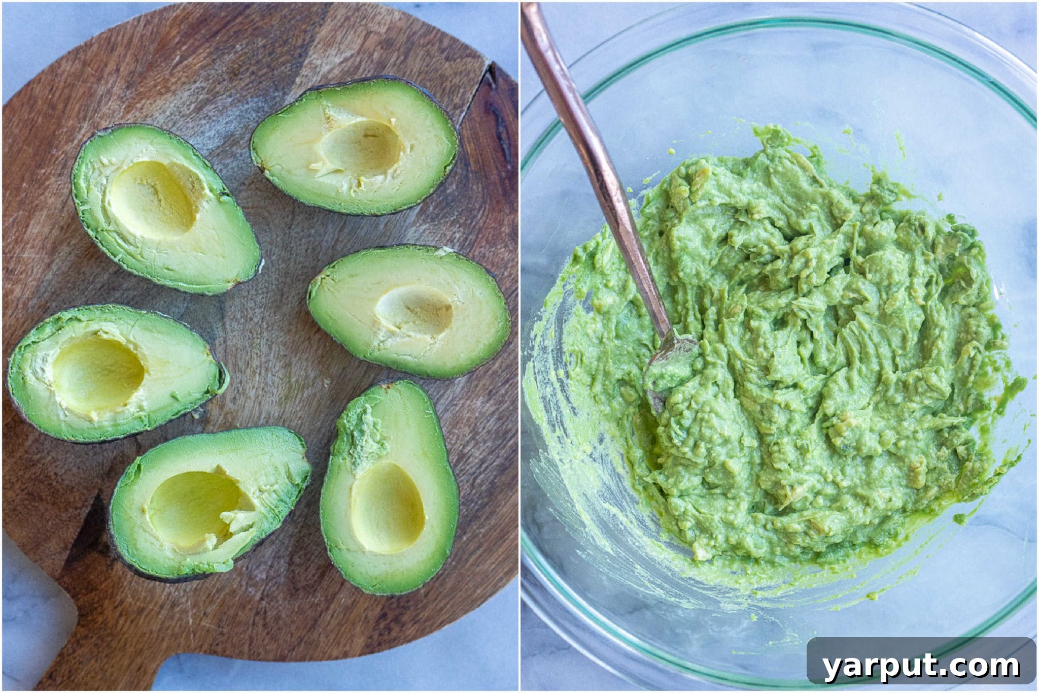 My Go-To Guac Perfection 3 showing how to cut your avocados in half and mash them in a bowl