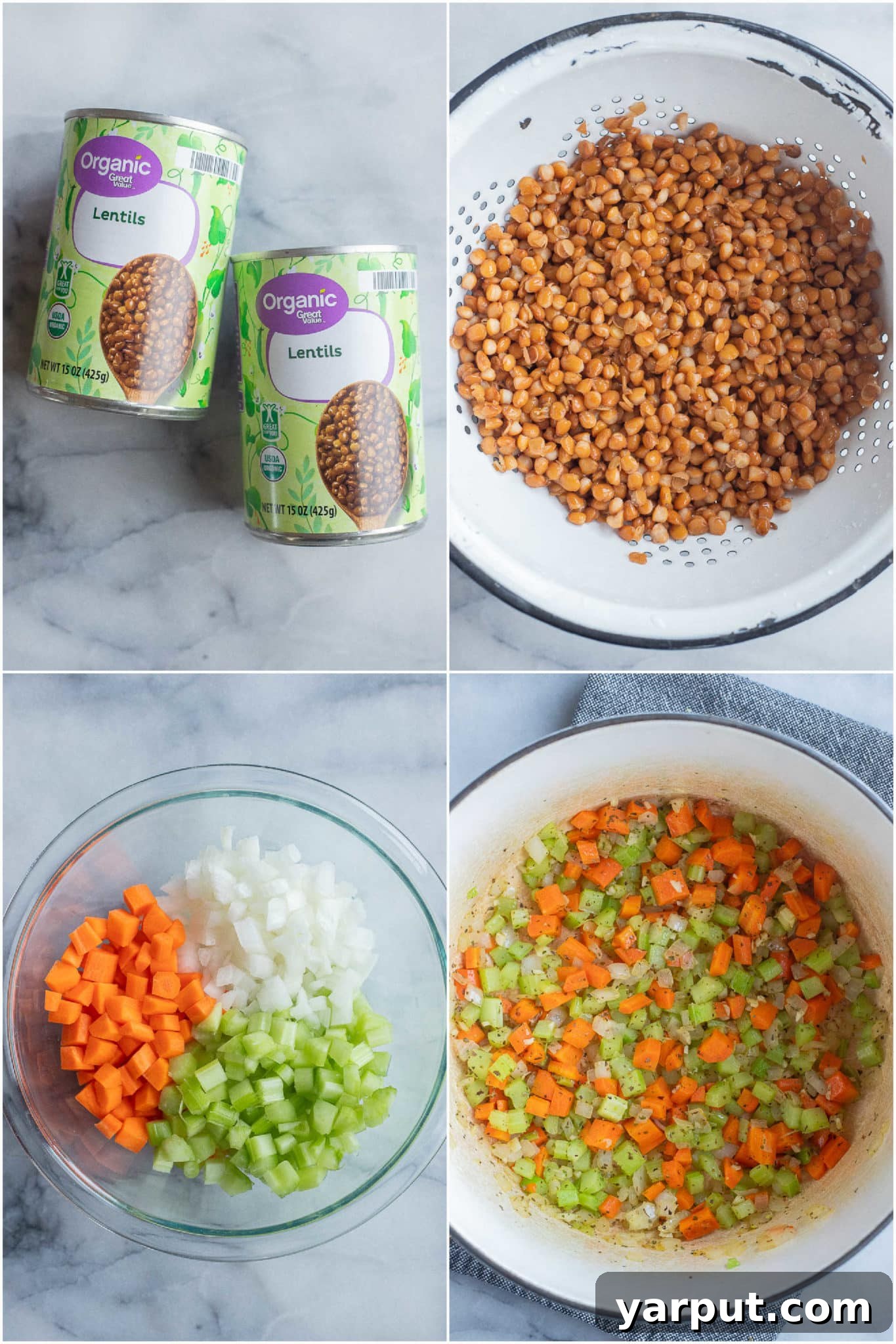 Speedy Plant-Based Lentil Soup 3 Process shots showing how to prepare vegetarian lentil soup, highlighting fresh vegetables and canned lentils ready for cooking.