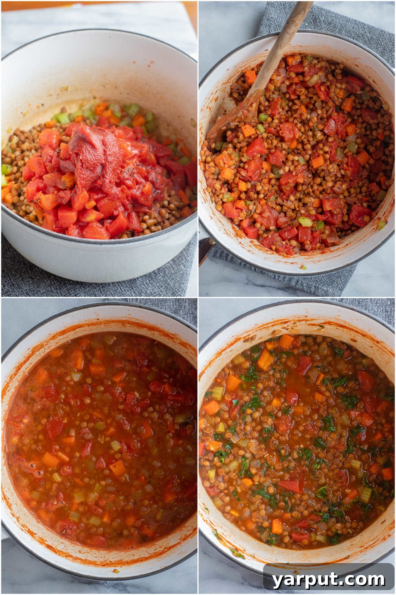 Speedy Plant-Based Lentil Soup 4 Overhead view of a pot on the stove, showing ingredients for a one-pot vegetarian lentil soup, emphasizing its simplicity with common pantry items.