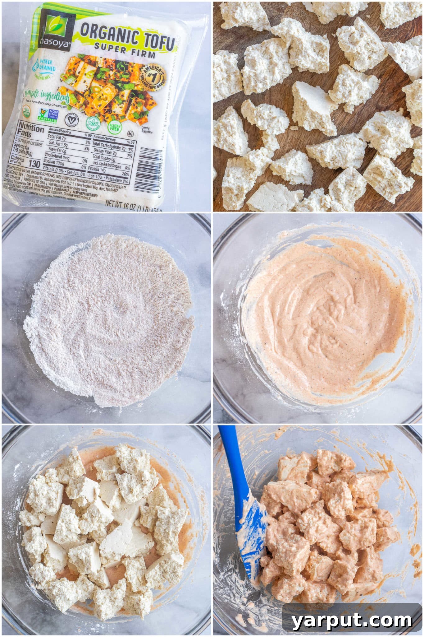 Irresistible Vegan Buffalo Tofu Wings 3 Step-by-step photographic guide demonstrating the process of preparing vegan buffalo tofu wings, showing prepped tofu chunks and the initial coating stages.