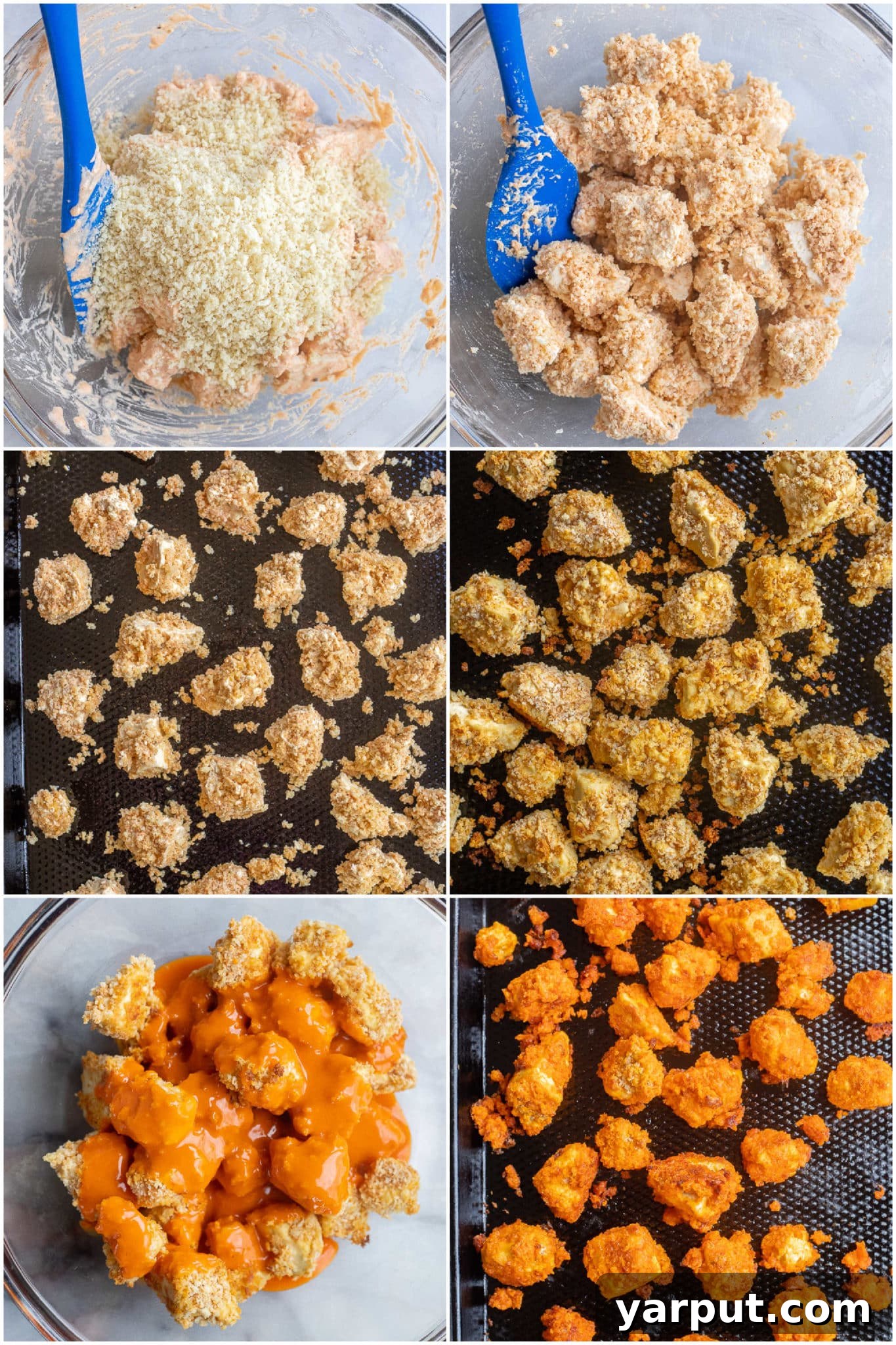 Irresistible Vegan Buffalo Tofu Wings 4 Close-up shot showing the process of mixing ingredients to create the batter for crispy baked buffalo tofu wings, highlighting the smooth consistency and seasonings.