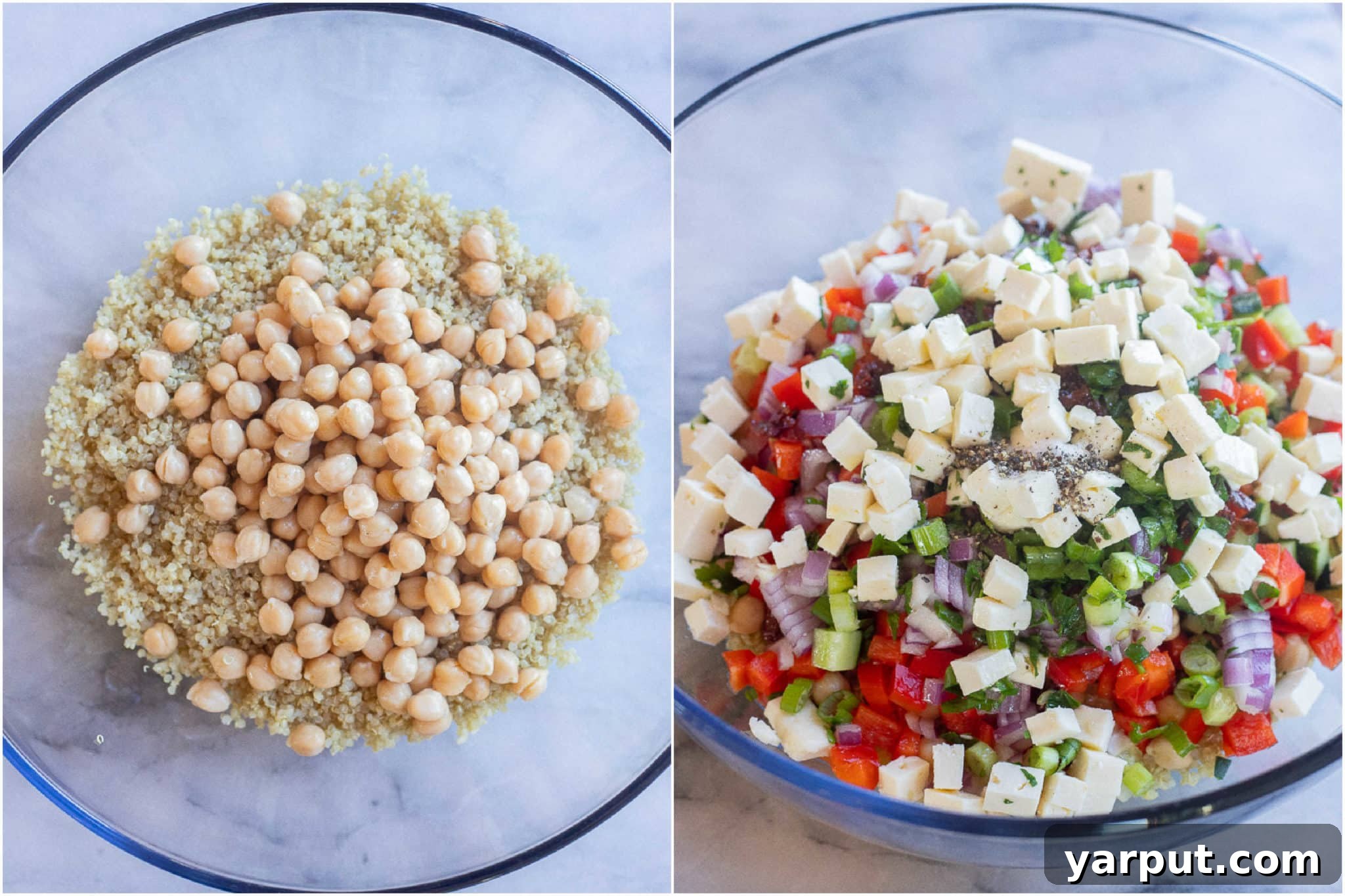 The Ultimate Easy Quinoa Salad 3 Step-by-step imagery demonstrating the process of mixing ingredients for an easy quinoa salad, highlighting the vibrant fresh vegetables, protein-rich chickpeas, and creamy feta cheese coming together in a bowl.