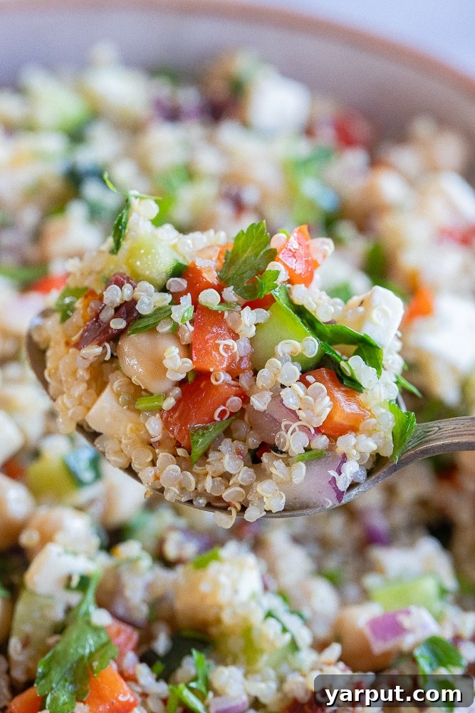 The Ultimate Easy Quinoa Salad 6 A close-up shot of a spoon holding a perfect bite of gluten-free quinoa salad, showcasing fluffy quinoa, chickpeas, and a colorful mix of diced vegetables, ready to be eaten.
