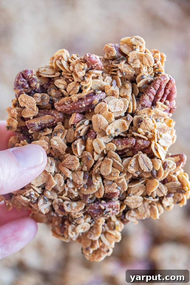 Golden Maple Pecan Granola 2 A hand holding a large, golden cluster of homemade maple pecan granola, showcasing its chunky texture and toasted nuts.