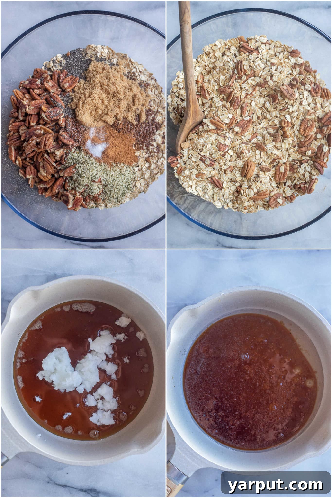 Golden Maple Pecan Granola 3 A step-by-step image showing liquid ingredients like maple syrup and coconut oil being mixed in a saucepan, essential for binding homemade granola.