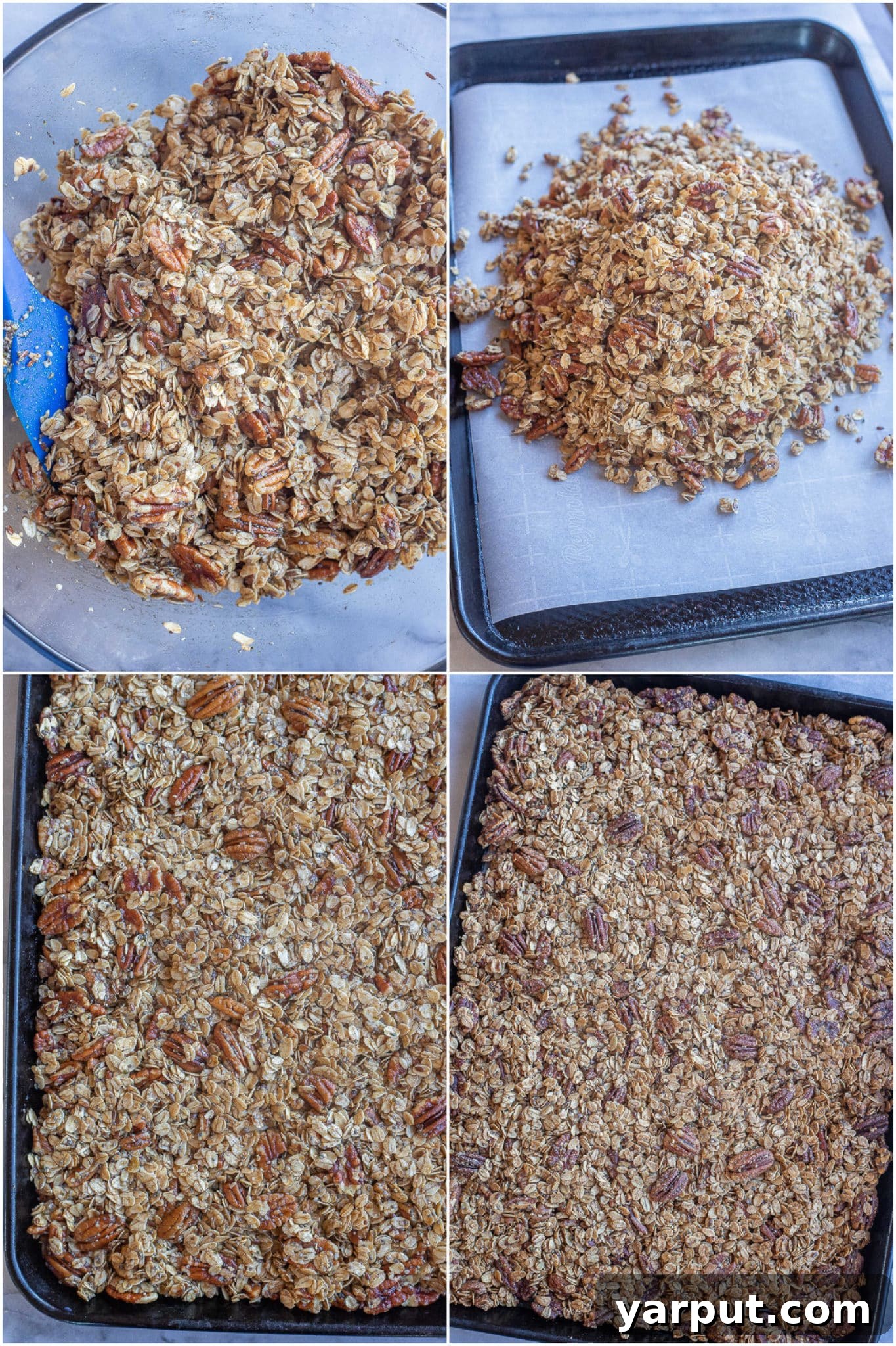 Golden Maple Pecan Granola 4 An overhead shot of homemade granola baking on a parchment-lined sheet pan in the oven, showing large, golden clusters forming.