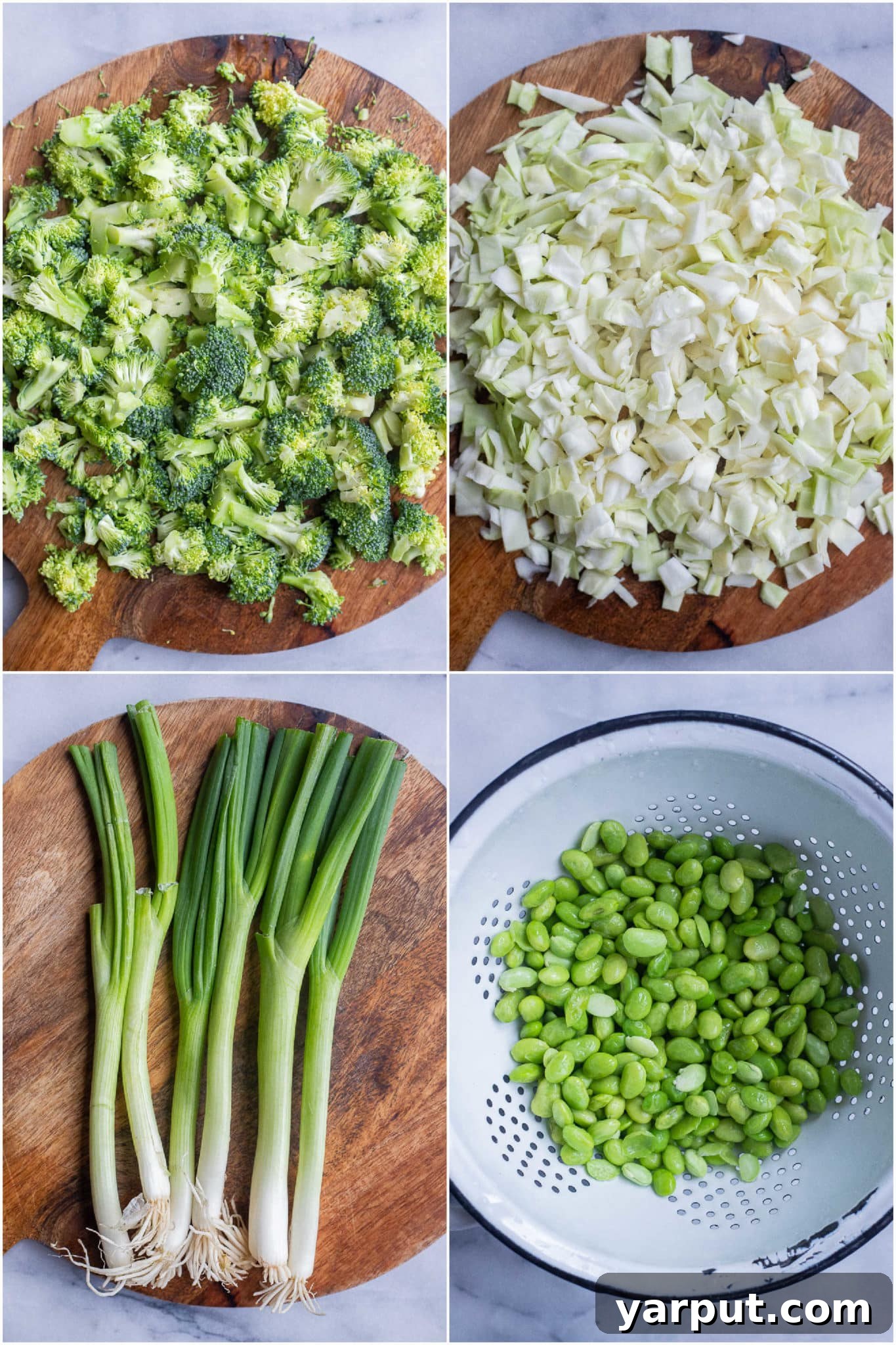 Emerald Veggie & Chickpea Skillet 3 Step-by-step assembly of the green veggie stir fry ingredients: broccoli florets, chopped green cabbage, vibrant green onions, and shelled edamame are shown in separate piles, ready for cooking.