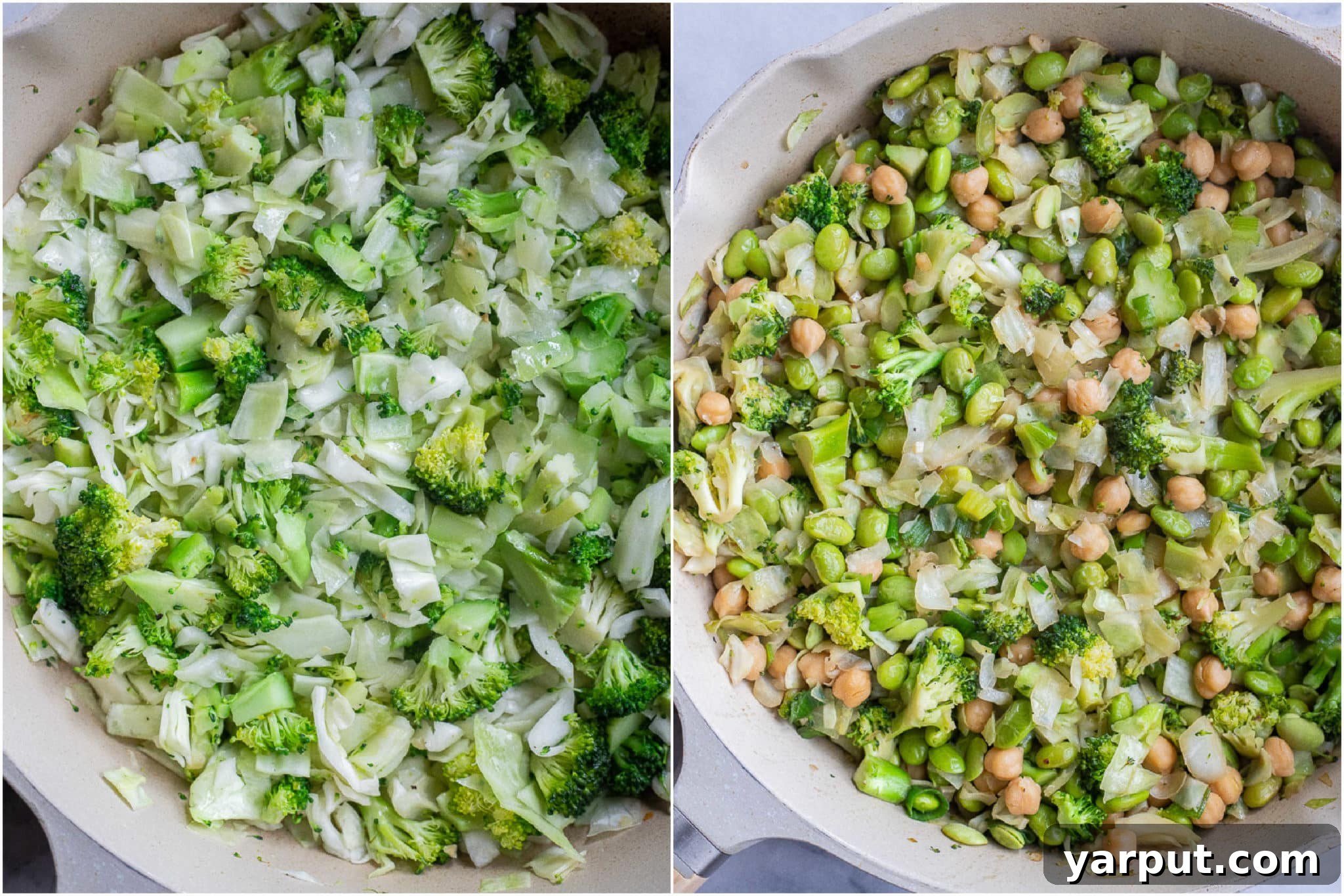 Emerald Veggie & Chickpea Skillet 4 Vibrant green vegetables including broccoli florets, chopped cabbage, and edamame are stir-frying in a large pan, with cooked chickpeas recently added and tossed with the aromatic sauce, creating a rich and flavorful mixture.