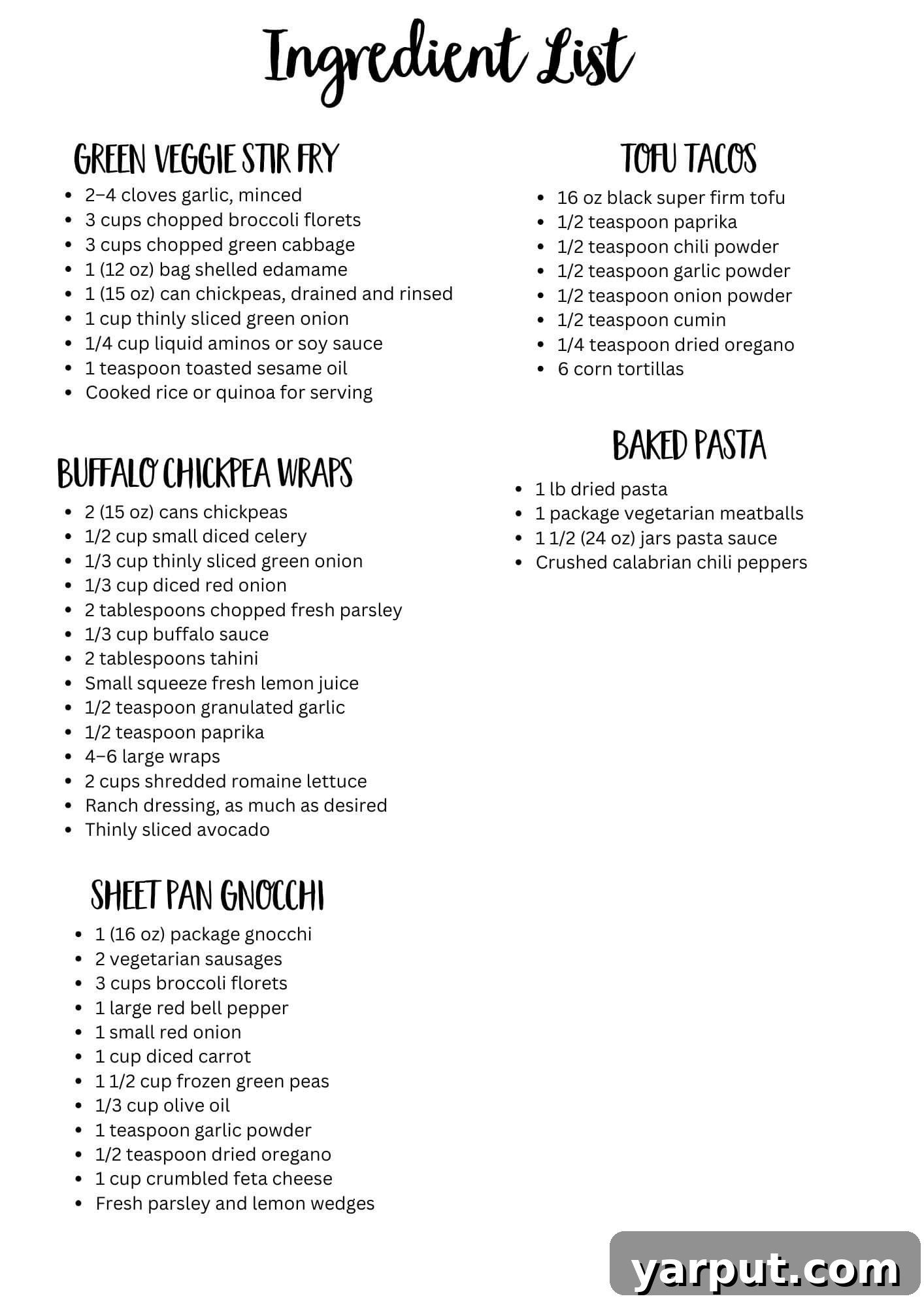 Your Easy Vegetarian Meal Plan for Week 4 8 Printable Ingredient List for the weekly vegetarian meal plan
