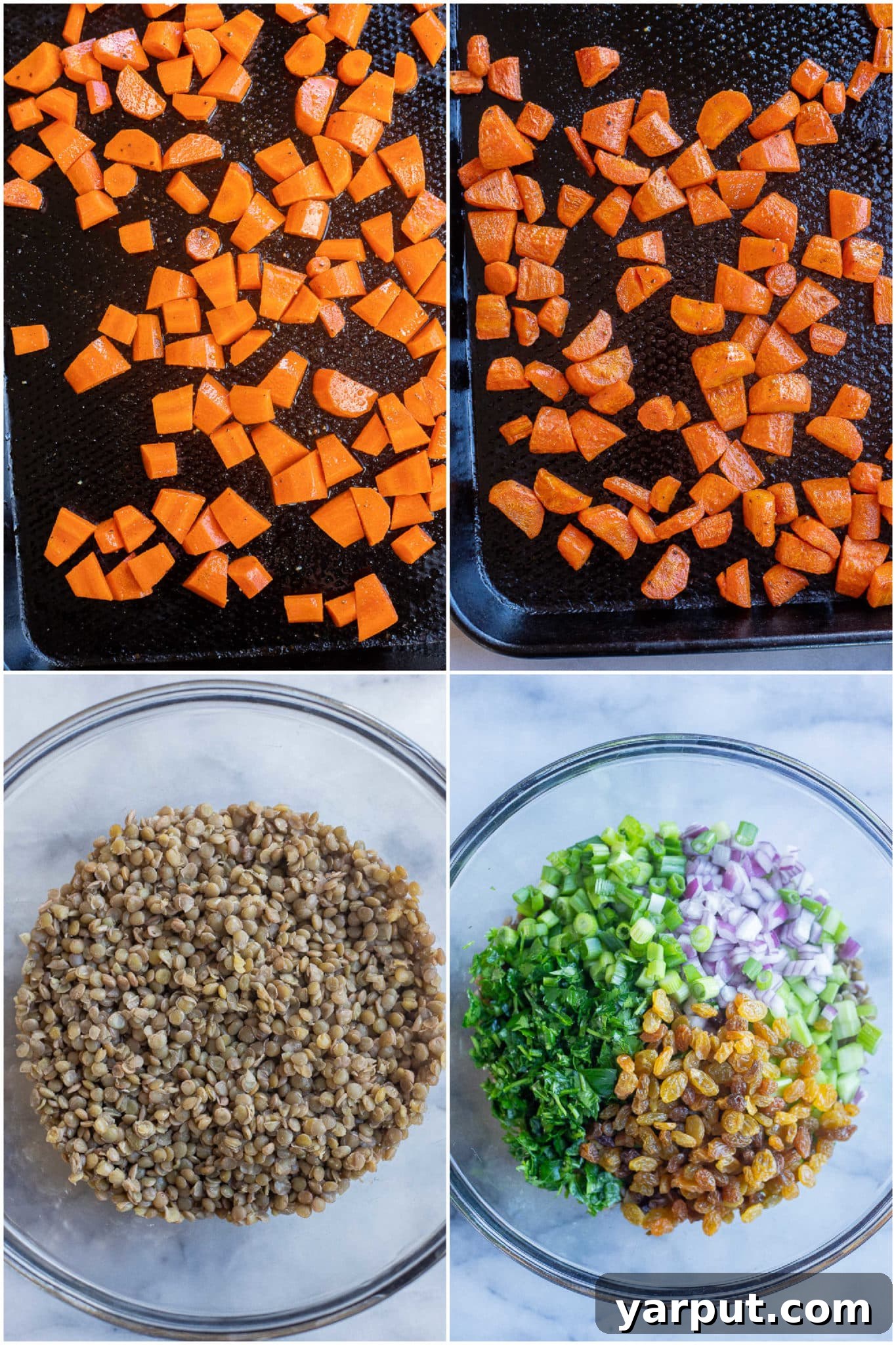 Golden Carrot and Lentil Medley 3 Instructional photo showing how to prepare roasted carrots and cook brown lentils for the salad