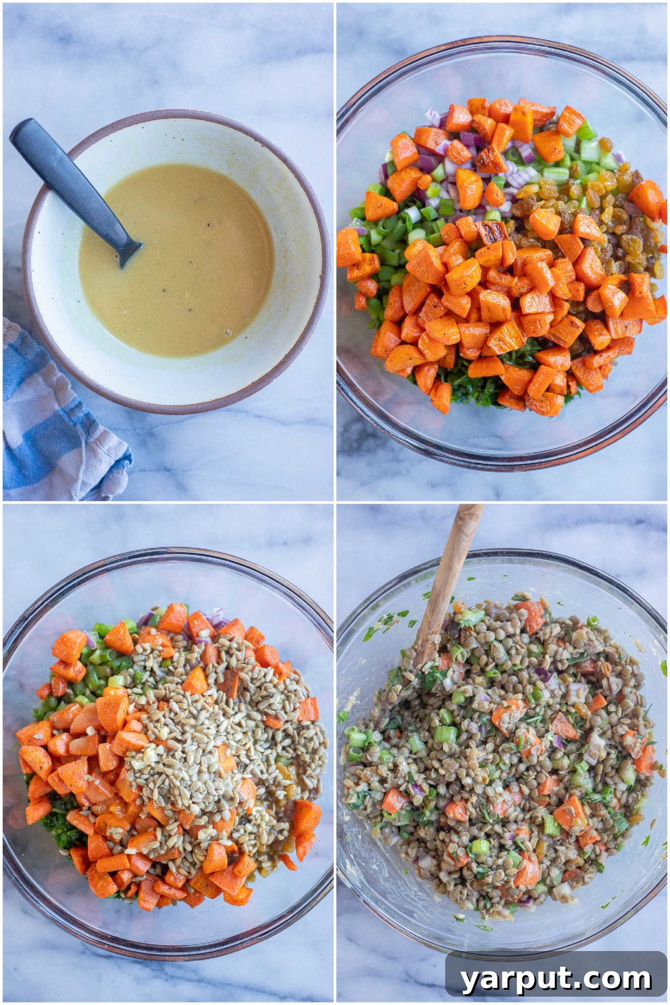 Golden Carrot and Lentil Medley 4 A bowl of delicious lentil salad with roasted carrots and fresh ingredients
