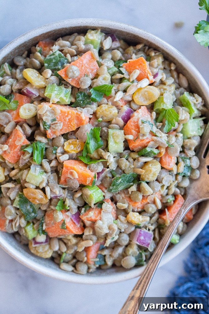 Golden Carrot and Lentil Medley 5 Close up of a vibrant bowl of plant-based lentil salad with roasted carrots and creamy tahini dressing