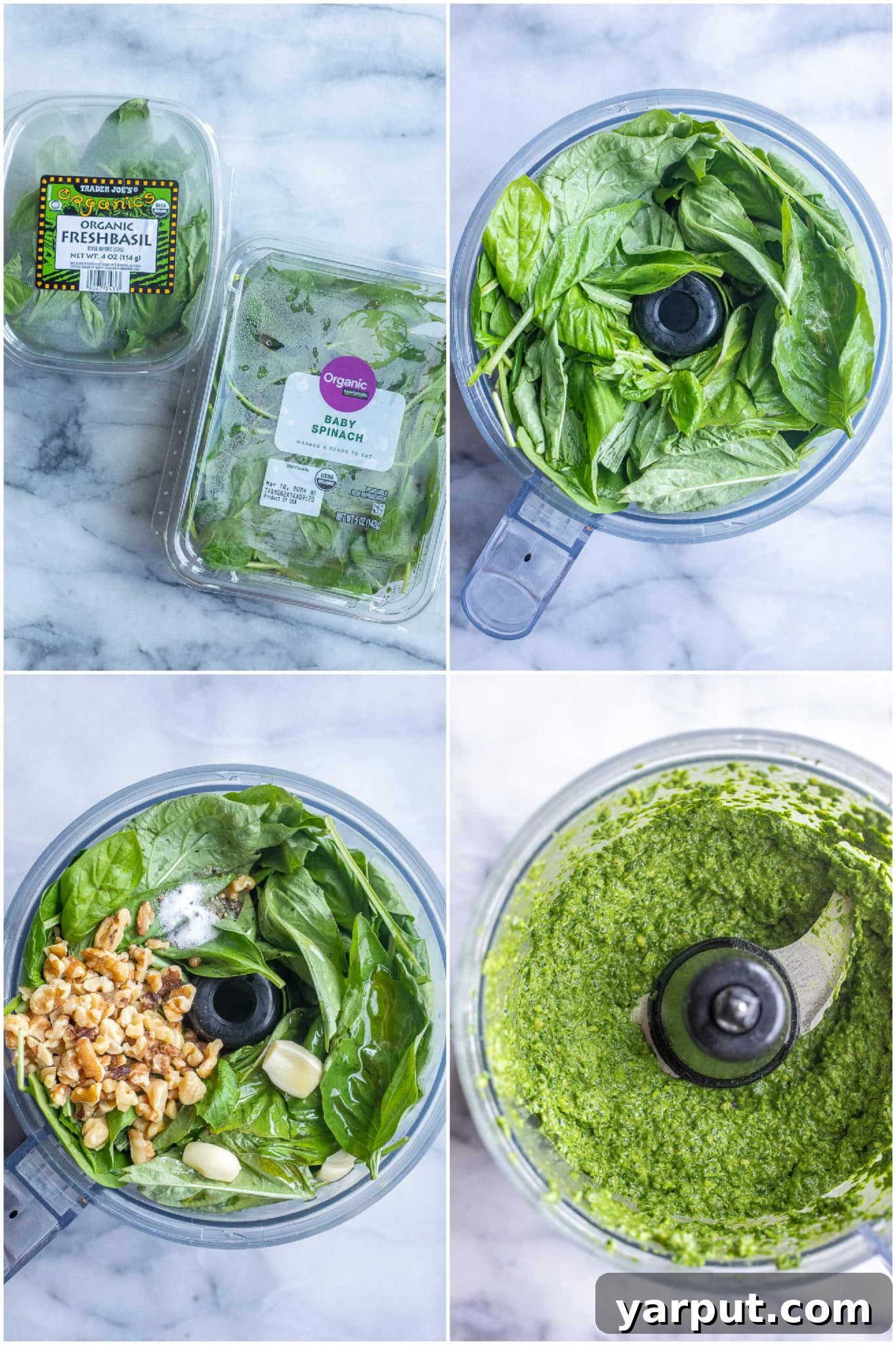 Mediterranean Feta & Spinach Pesto 3 A step-by-step image showing how to make spinach feta basil pesto in a food processor, with walnuts, garlic, salt, and pepper visible before blending.
