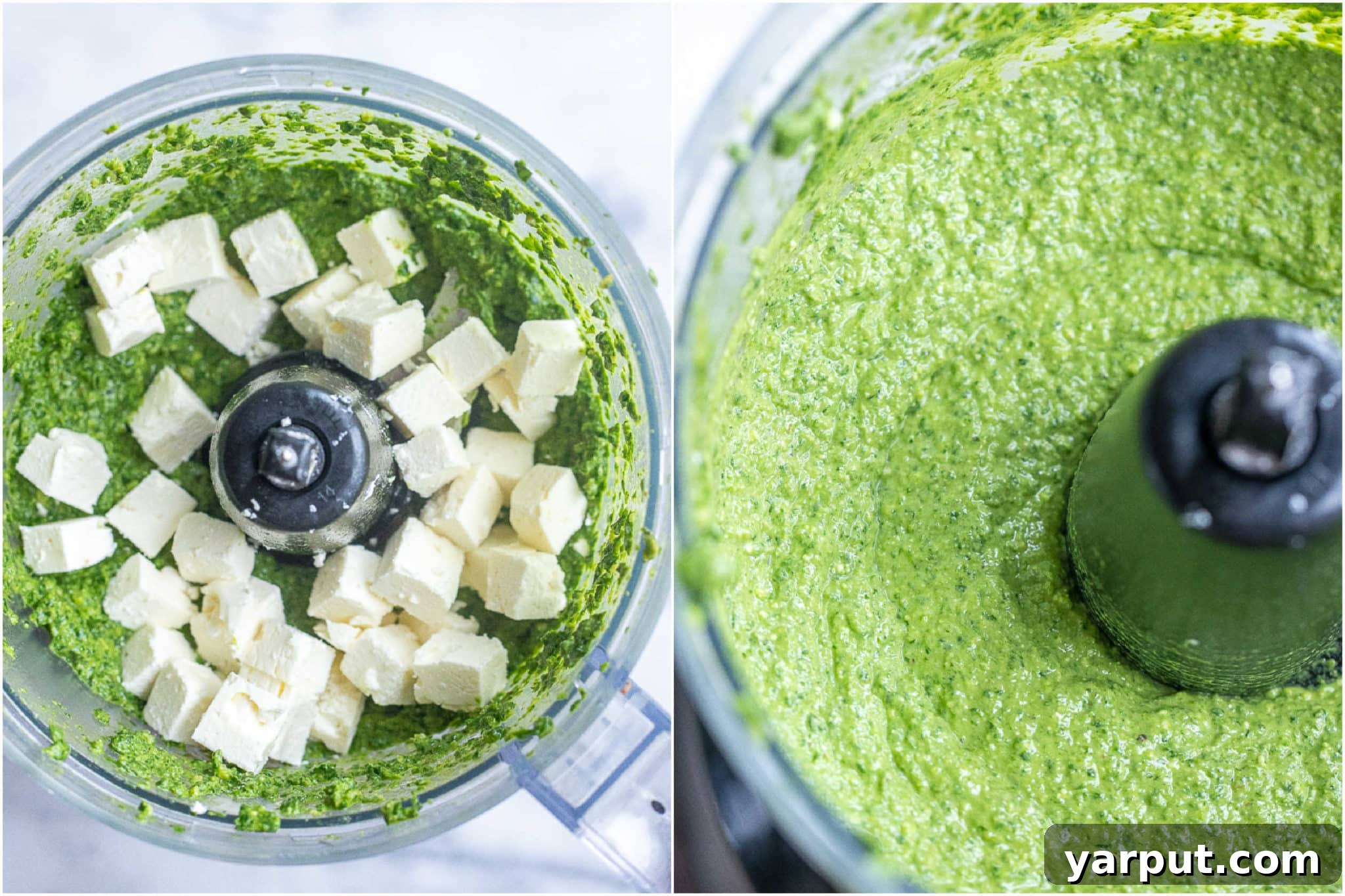 Mediterranean Feta & Spinach Pesto 4 Close-up view of creamy spinach pesto in a food processor, with visible chunks of feta cheese, ready for final blending.