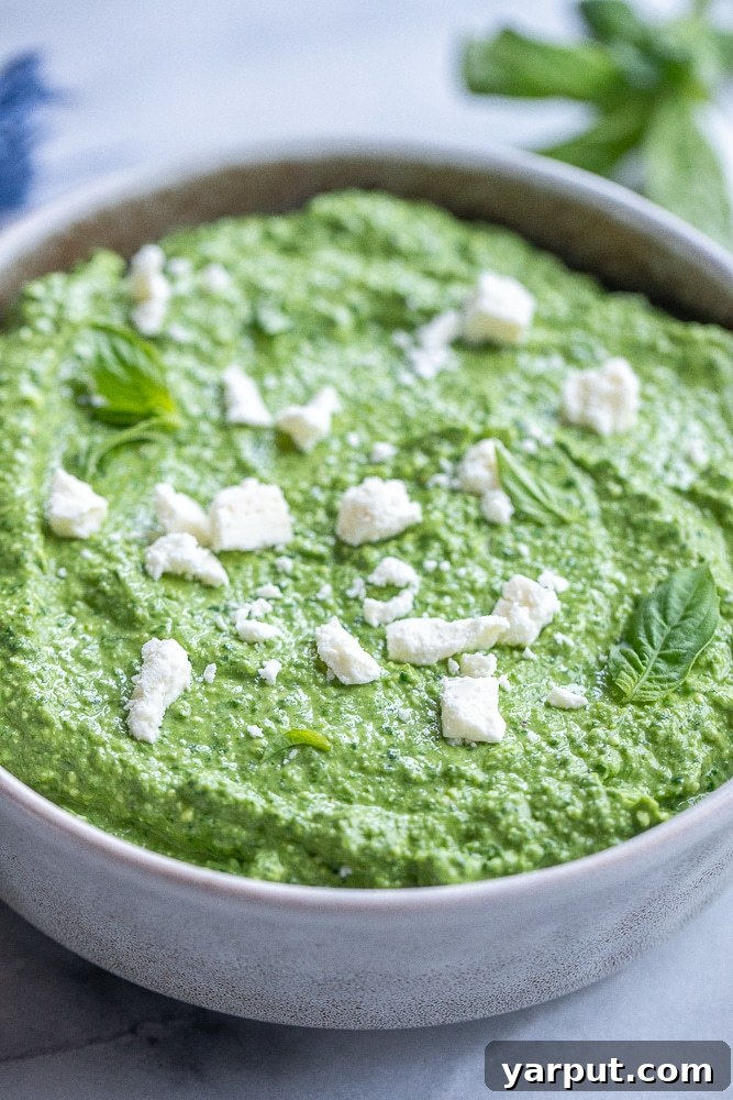 Mediterranean Feta & Spinach Pesto 6 A beautifully composed bowl of homemade basil pesto with spinach and feta cheese, ready to be served.