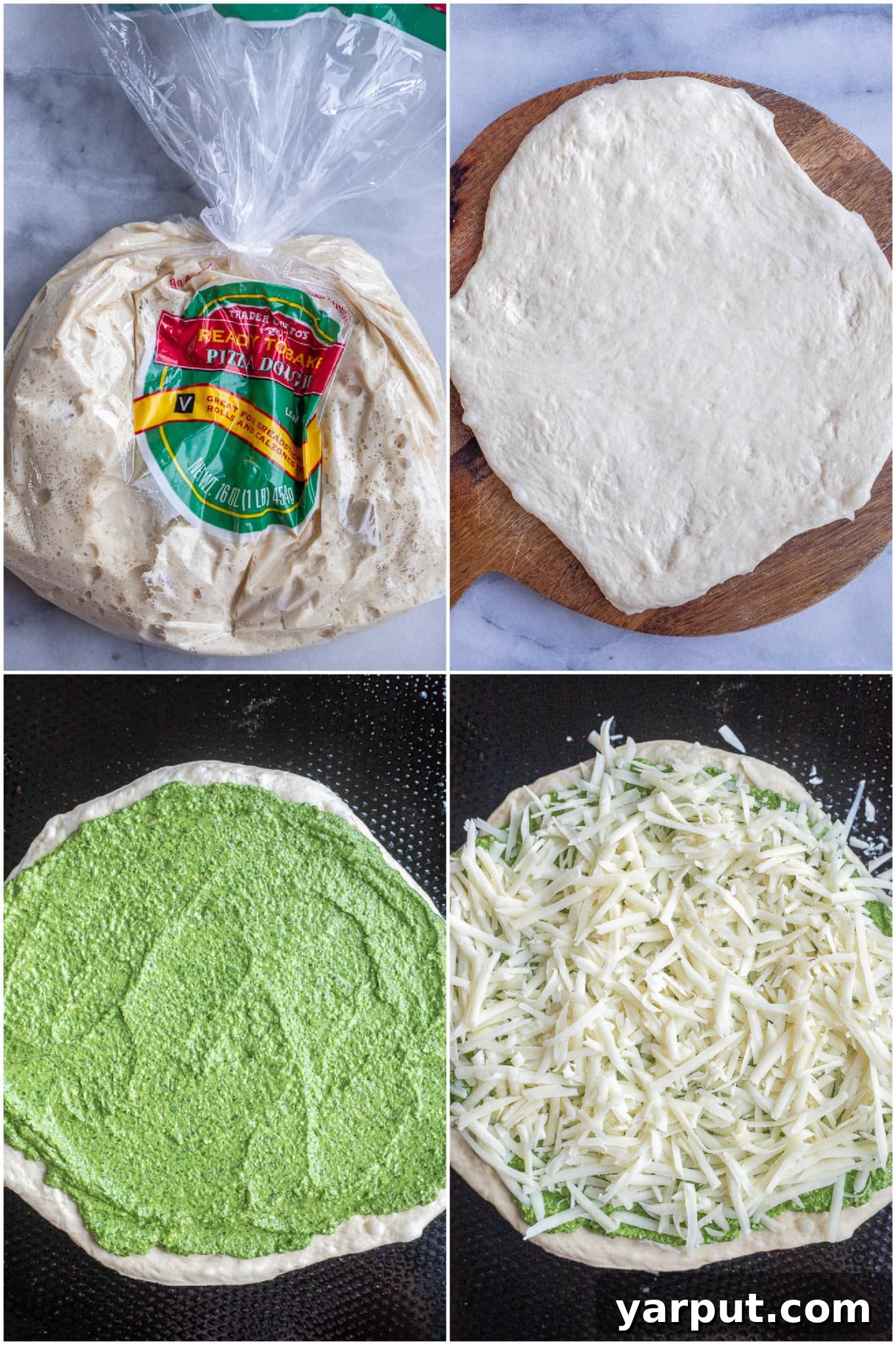 Ultimate Pesto Pizza Delight 4 Step-by-step image showcasing the assembly of the best pesto pizza recipe, featuring creamy spinach feta pesto spread on pizza dough, topped with shredded mozzarella cheese