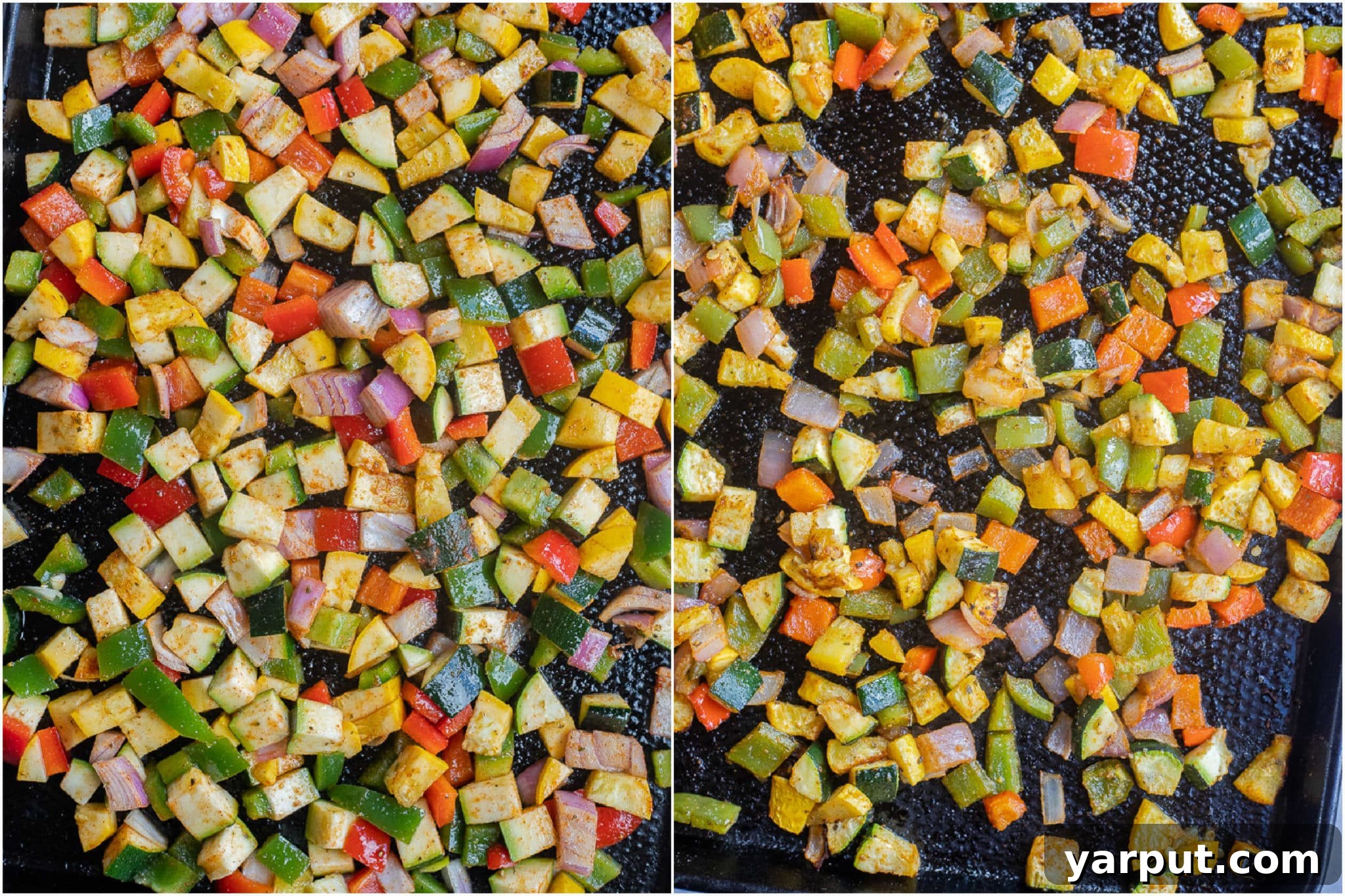 Creamy Cheesy Vegetarian Tortellini Bake 3 roasted vegetables before and after being cooked on a sheet pan