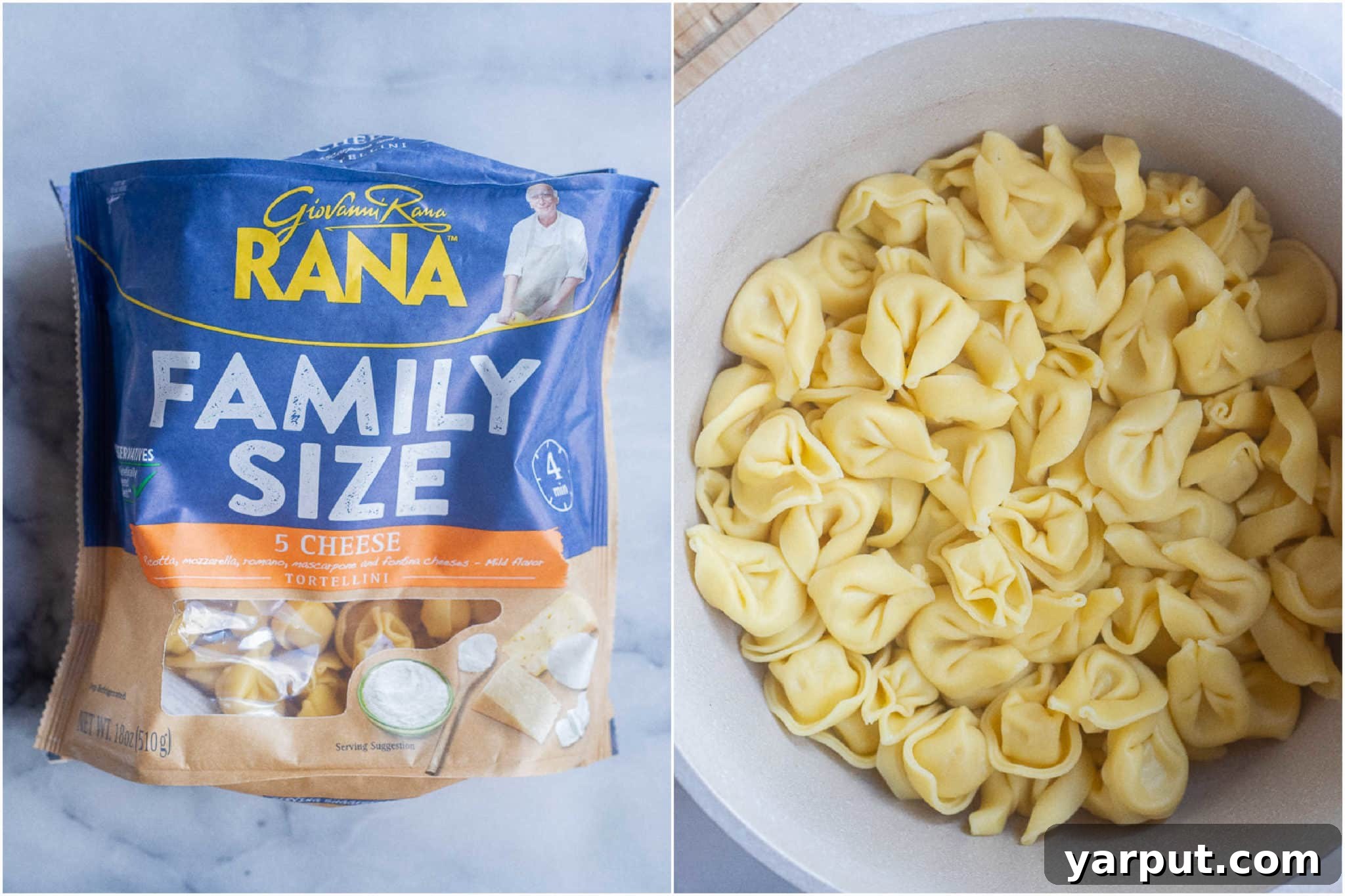 Creamy Cheesy Vegetarian Tortellini Bake 4 bag of cheese tortellini that has been cooked in a pot before mixing