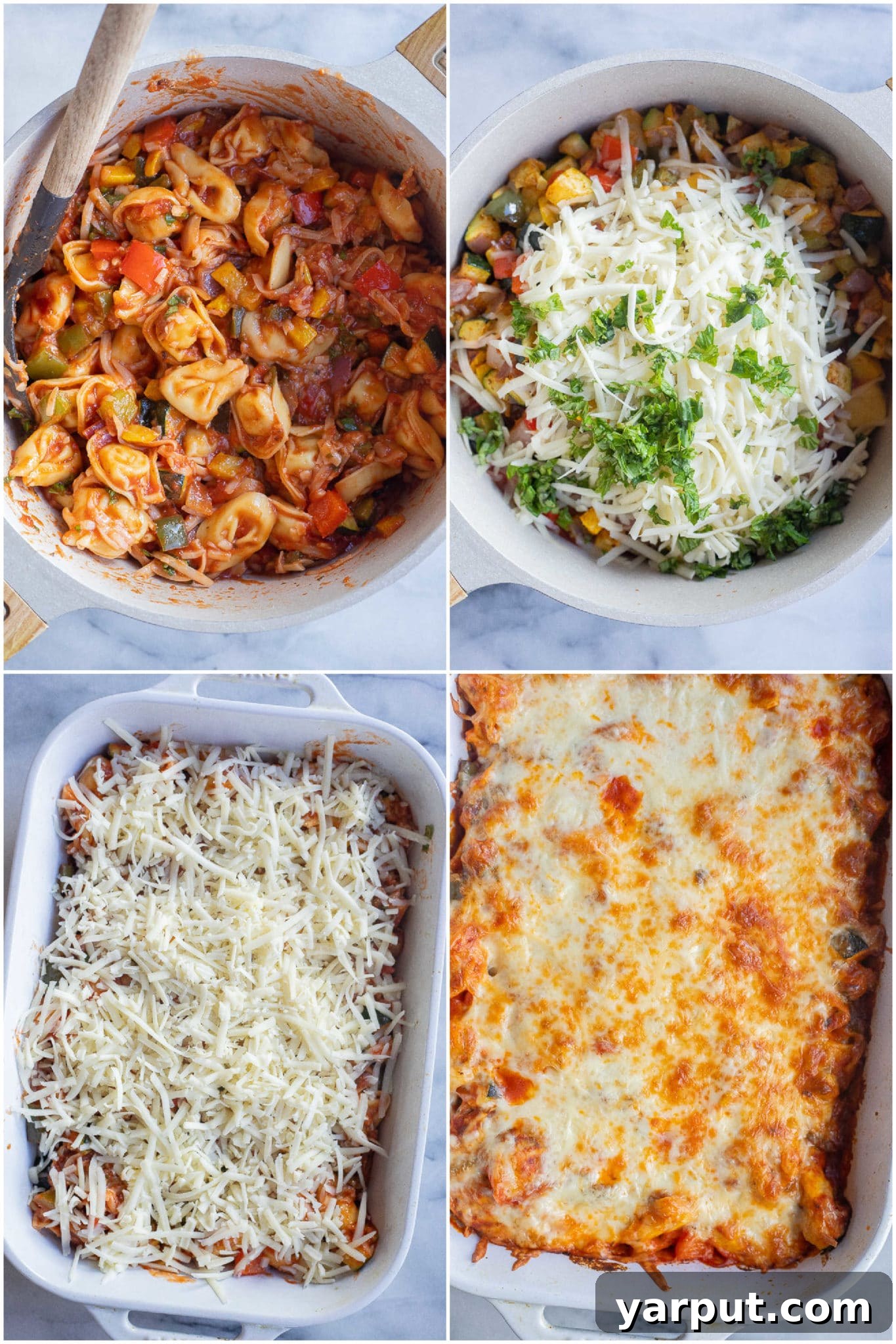Creamy Cheesy Vegetarian Tortellini Bake 5 showing how to assemble a vegetarian cheesy tortellini casserole in a baking dish