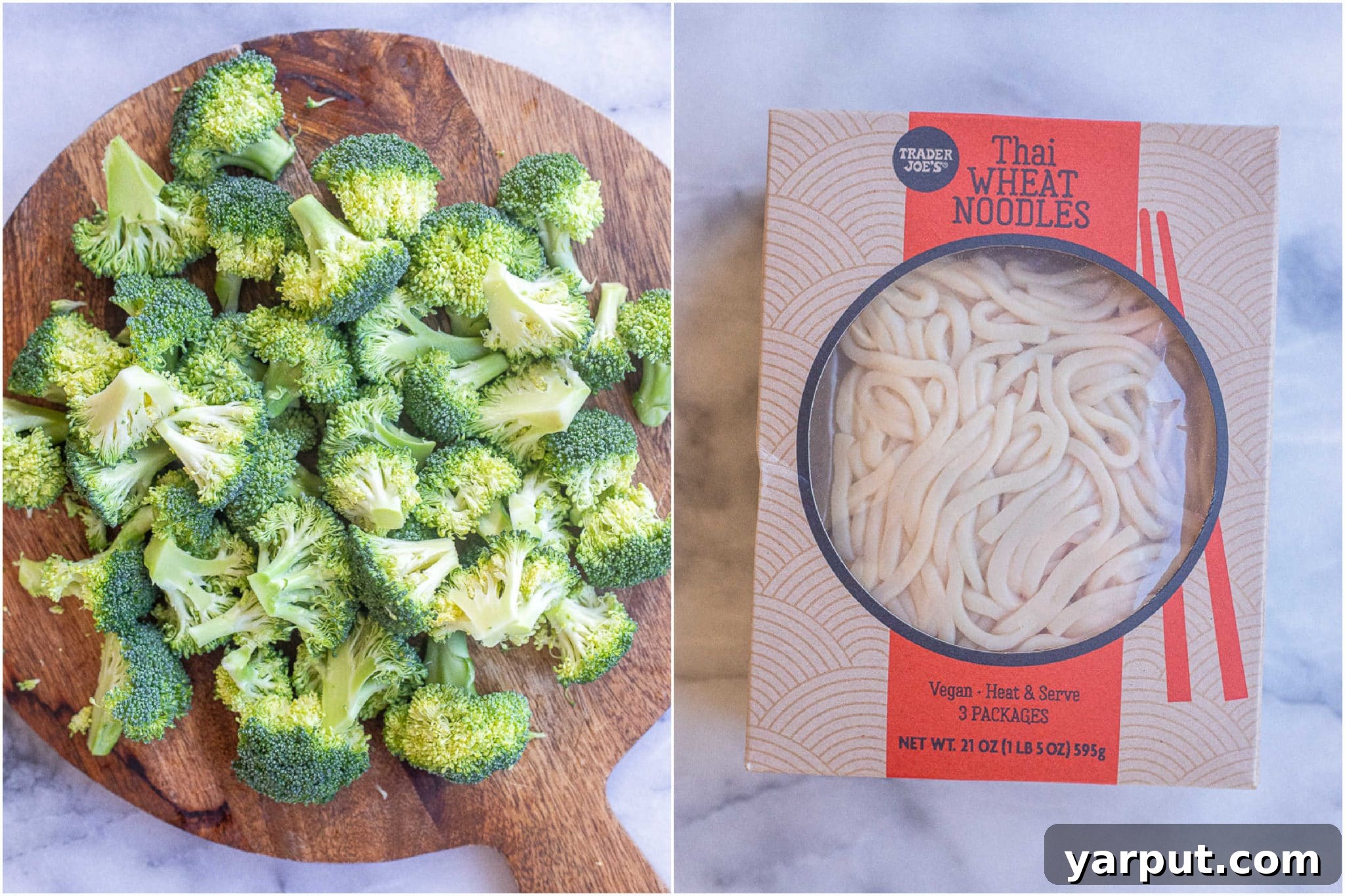 Sticky Teriyaki Noodles with Crispy Roasted Broccoli 3 Fresh broccoli florets and bundles of Thai wheat noodles, key ingredients for this delicious Teriyaki Noodles with Crispy Broccoli recipe, laid out on a kitchen surface.