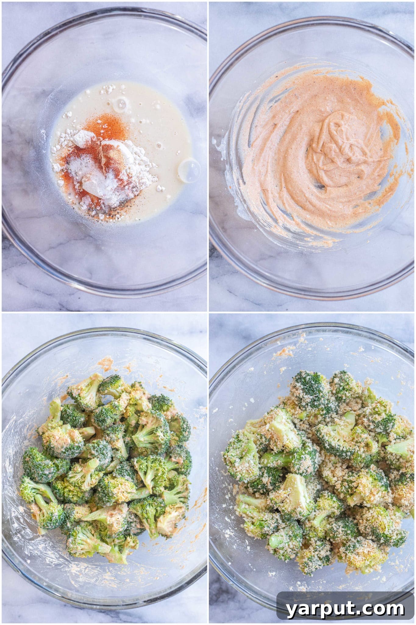 Sticky Teriyaki Noodles with Crispy Roasted Broccoli 4 Step-by-step imagery showcasing how to perfectly coat broccoli florets with batter and panko breadcrumbs before baking to achieve maximum crispiness.