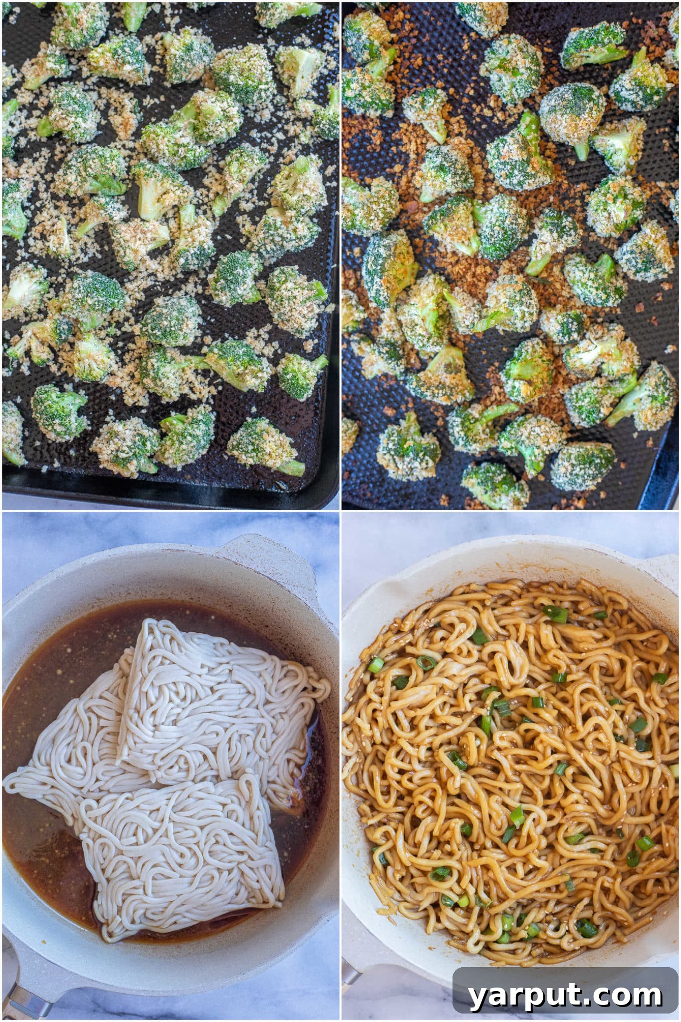 Sticky Teriyaki Noodles with Crispy Roasted Broccoli 5 A close-up shot of perfectly sauced teriyaki noodles, generously topped with golden-brown, crispy baked broccoli, ready to be enjoyed.