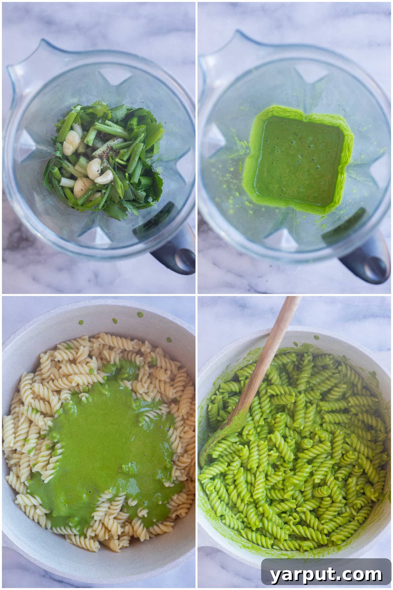 Step-by-step imagery showing the preparation of Green Goddess dressing, followed by it being generously poured over hot, freshly cooked pasta.