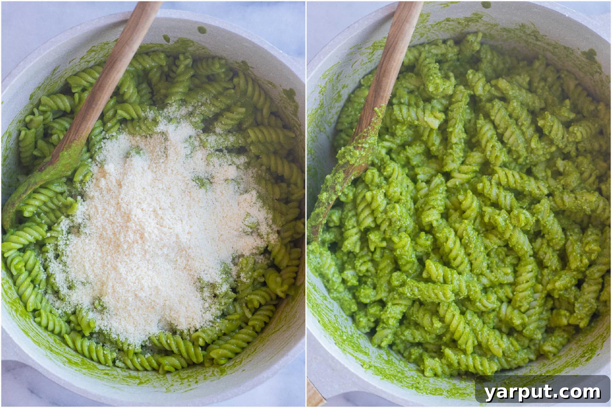 A dynamic shot showing grated Parmesan cheese being sprinkled over the Green Goddess Pasta, followed by a thorough mixing to combine all ingredients.
